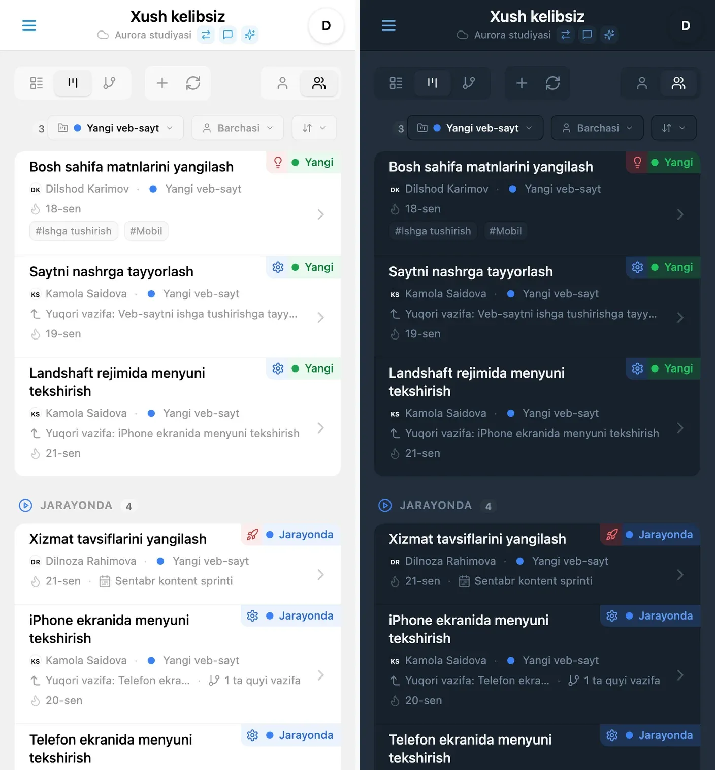 Bitta loyiha bo‘yicha filtrlangan iTasks Kanban taxtasi — yorug‘ va qorong‘i rejimlar
