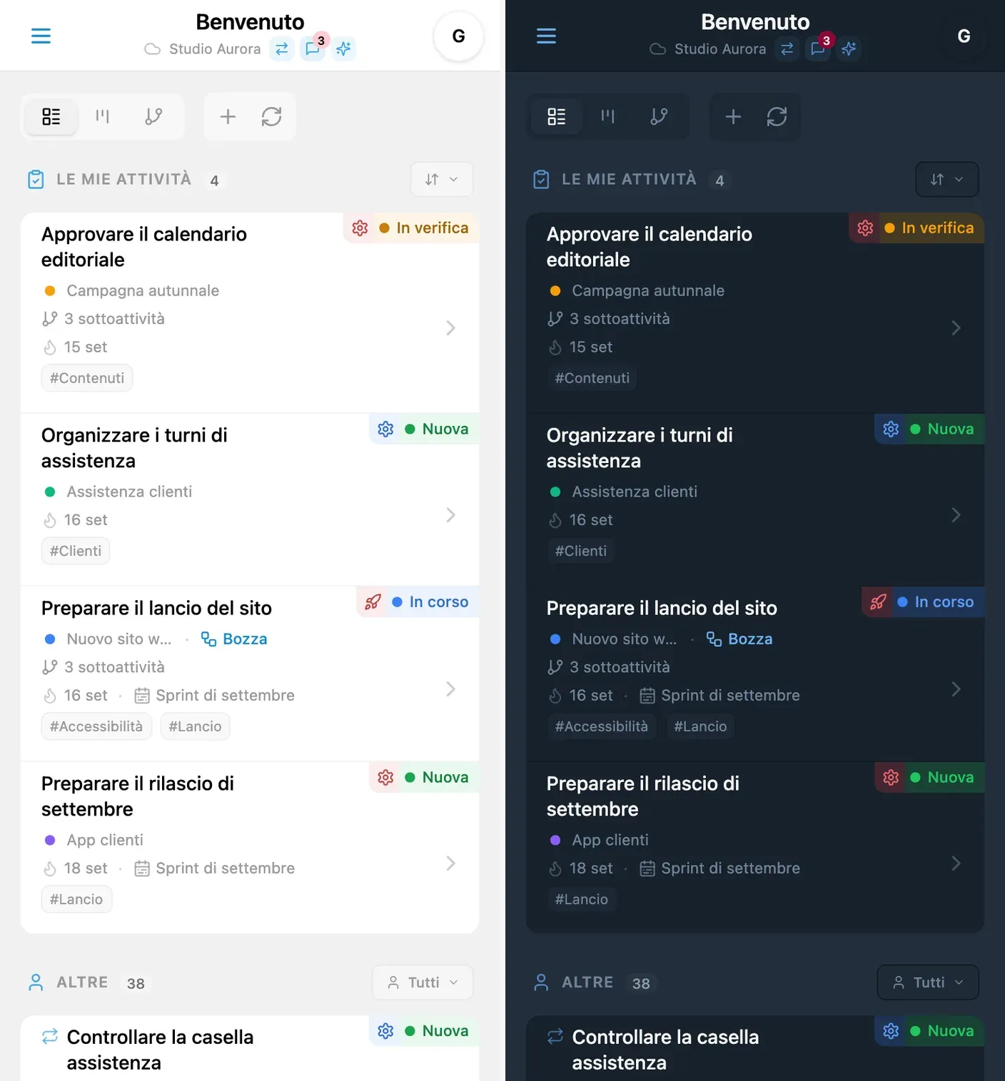 Elenco delle attività iTasks con i colori dei progetti