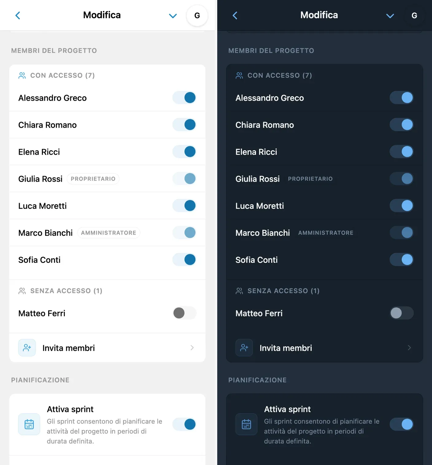 Impostazioni di accesso ai progetti in iTasks