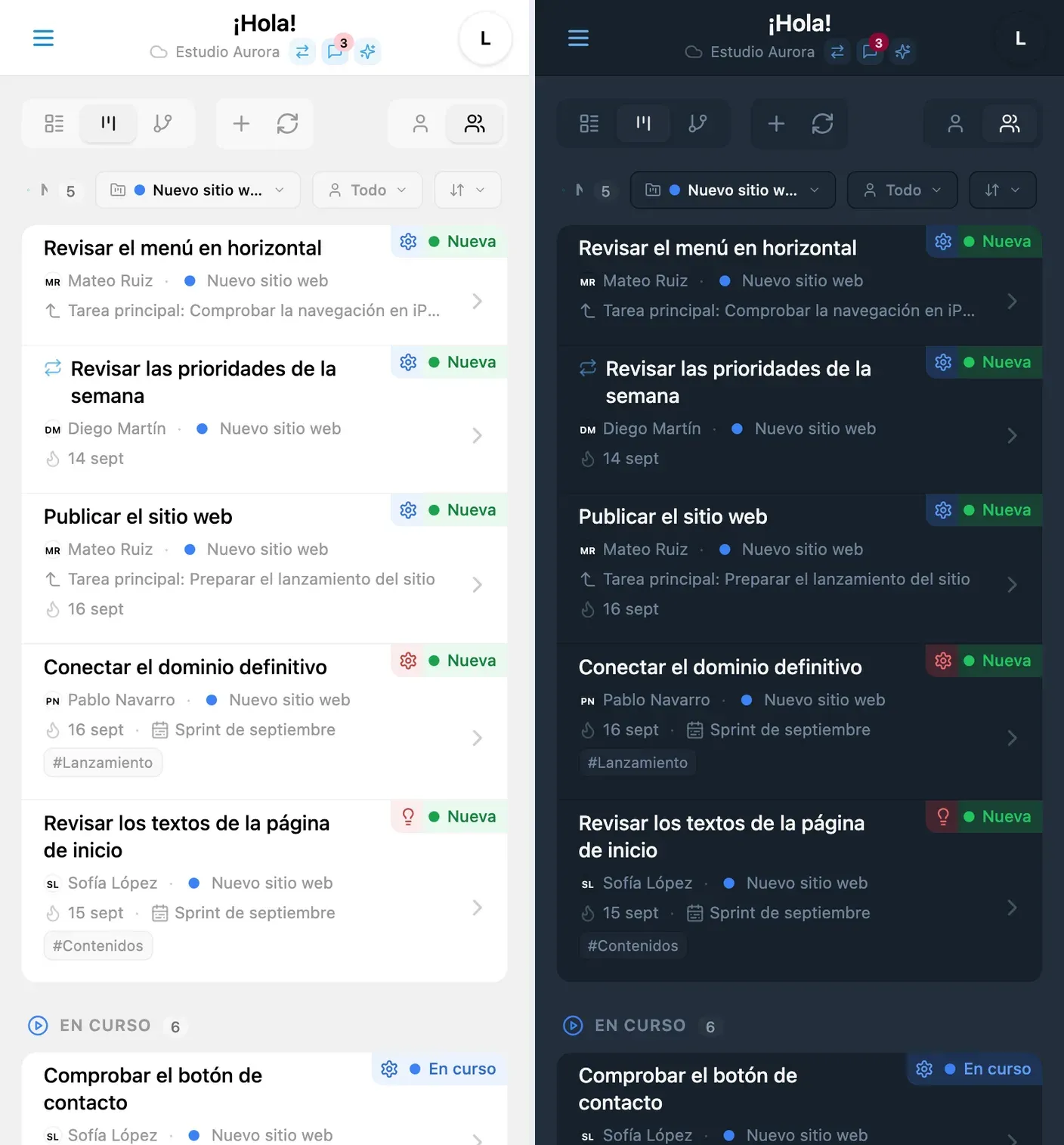 Tablero Kanban de iTasks filtrado por proyecto en los temas claro y oscuro