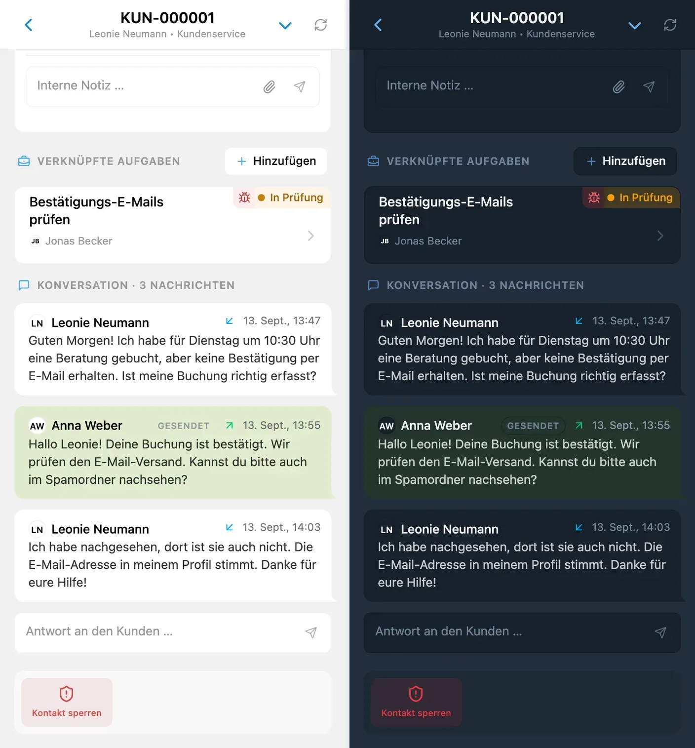 Die verknüpfte Aufgabe bleibt beim Kundengespräch sichtbar, im hellen und dunklen Design
