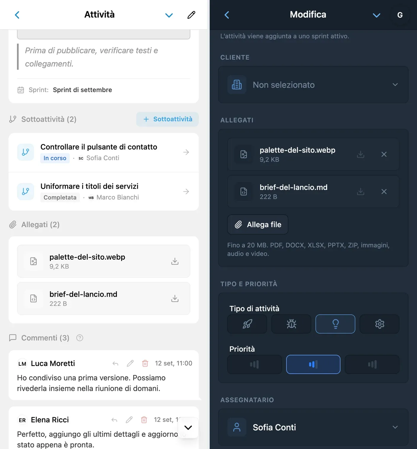 File allegati a un’attività iTasks, nella scheda e nel modulo di modifica