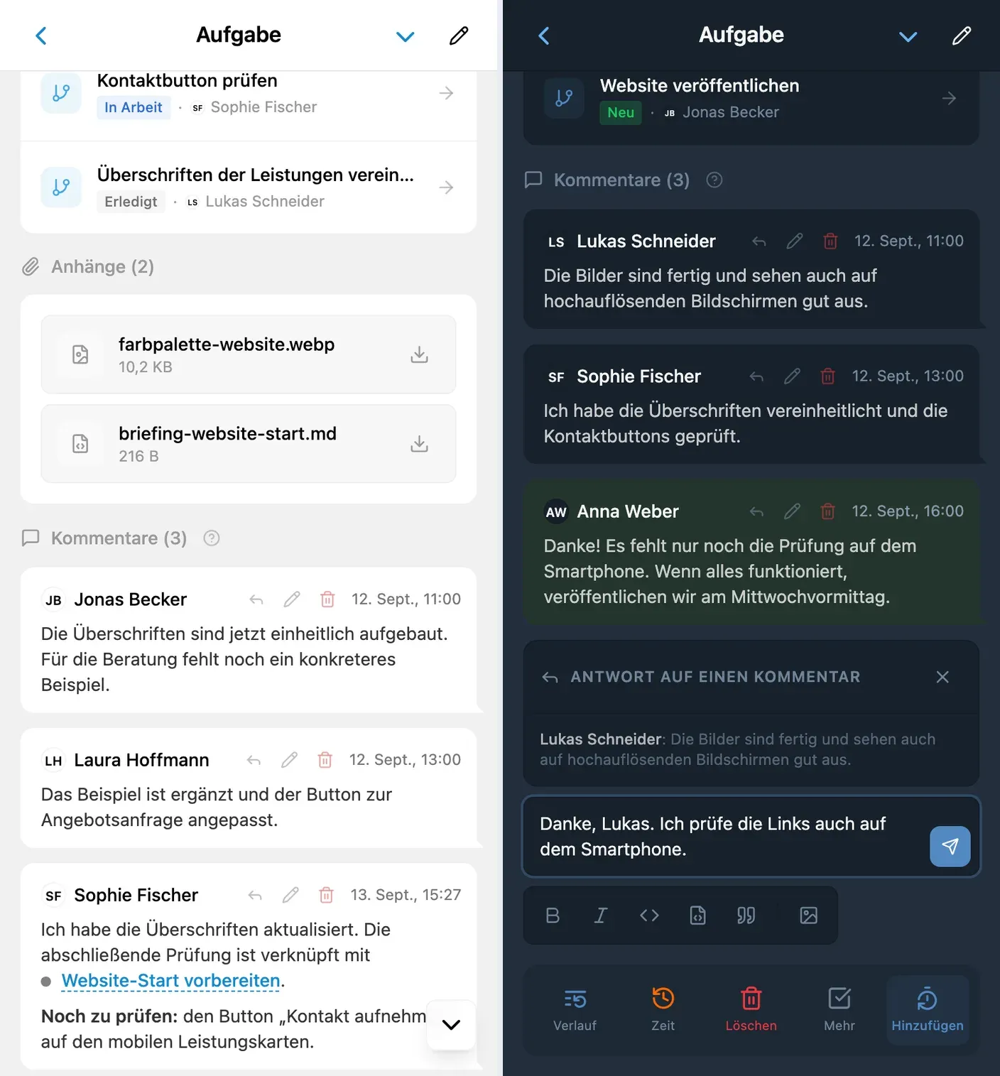 Diskussion zu einer Aufgabe in iTasks mit zitierter Antwort