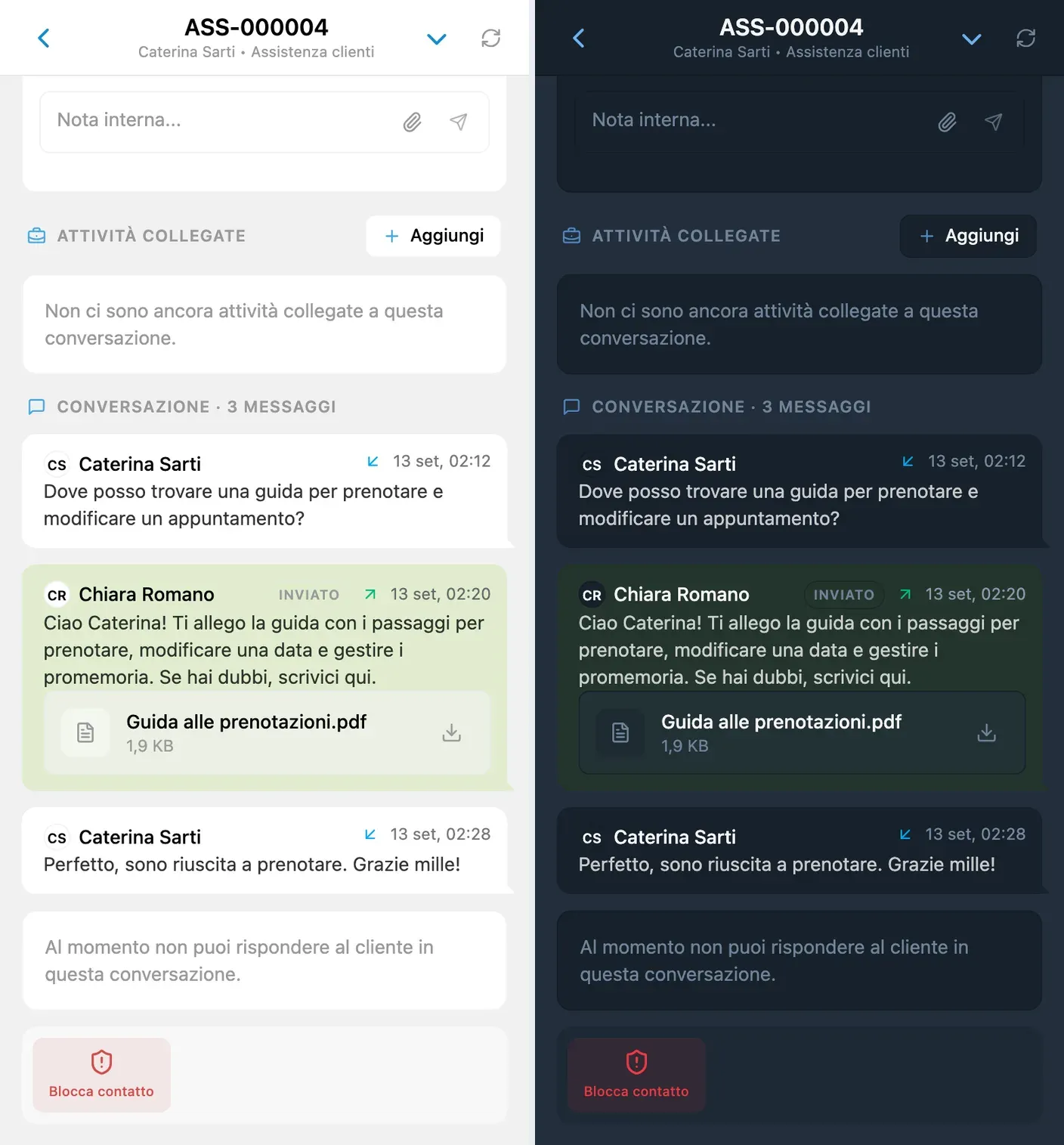 Conversazione con Caterina e guida alle prenotazioni in PDF, in tema chiaro e scuro