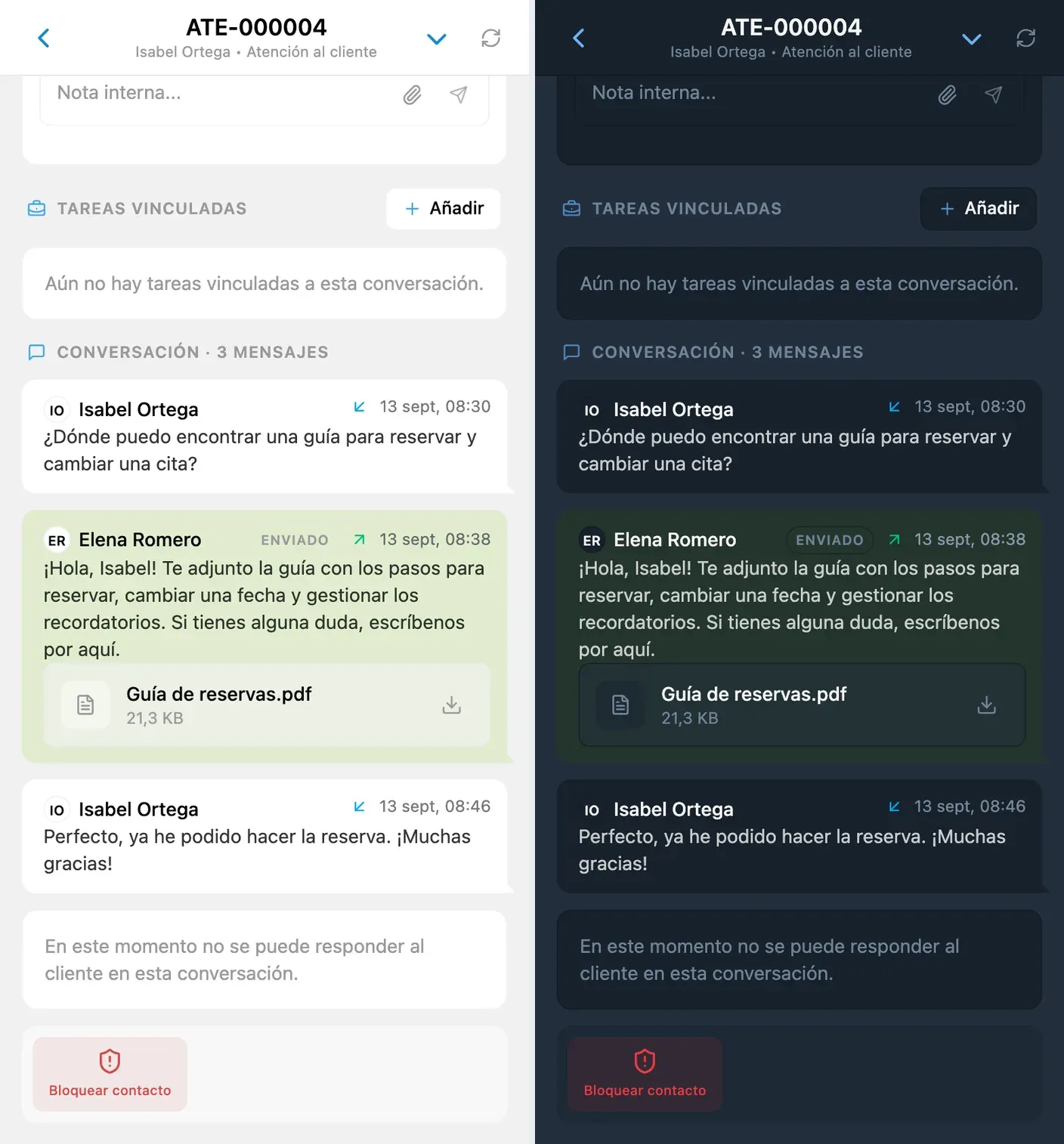 Guía PDF adjunta a la respuesta enviada al cliente, en los temas claro y oscuro