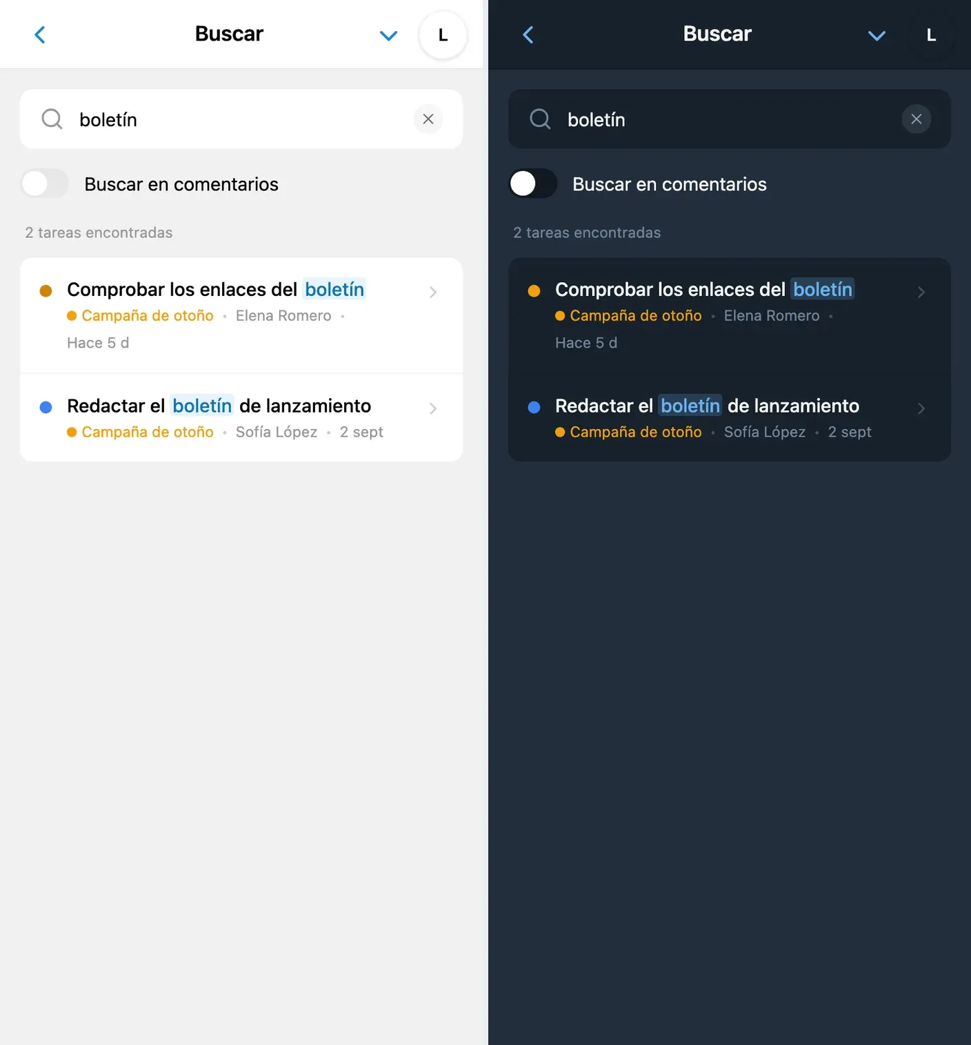 Resultados de búsqueda de iTasks con coincidencias resaltadas