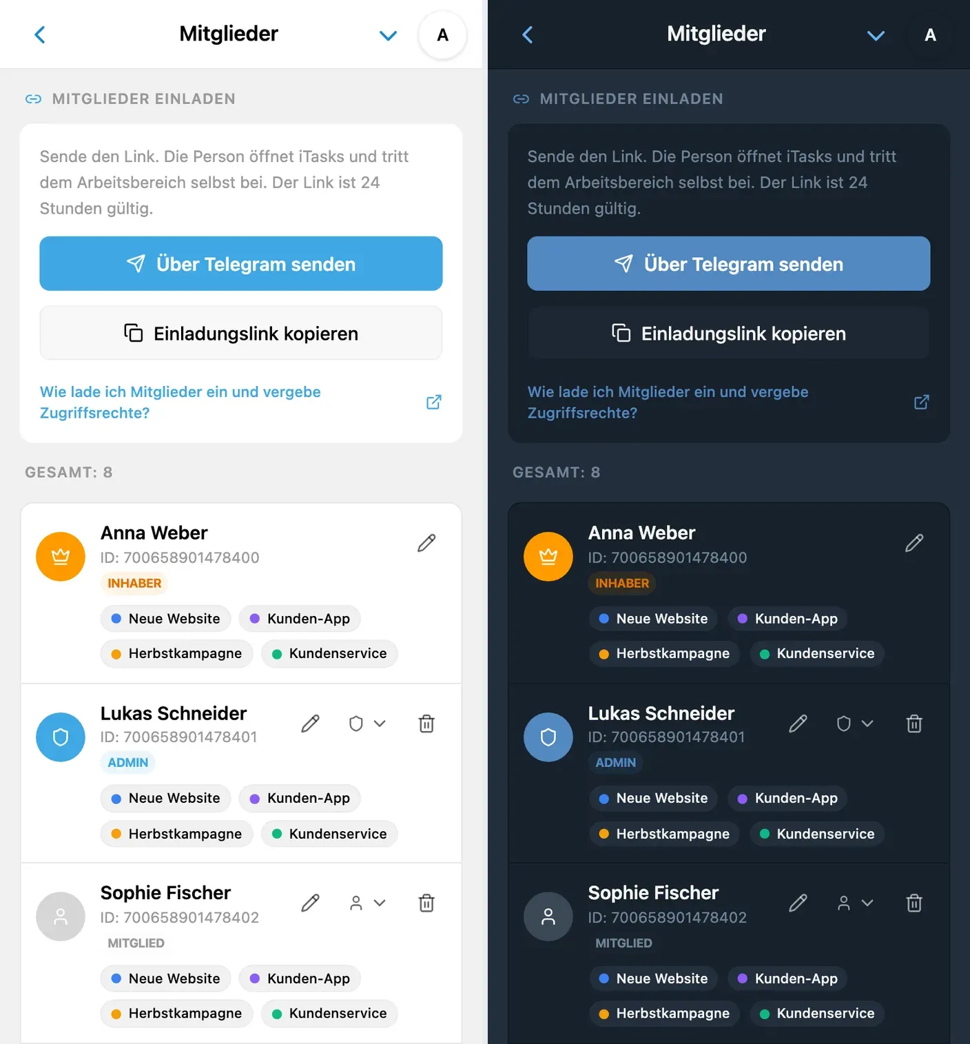 Einladungslink für neue Teammitglieder in iTasks