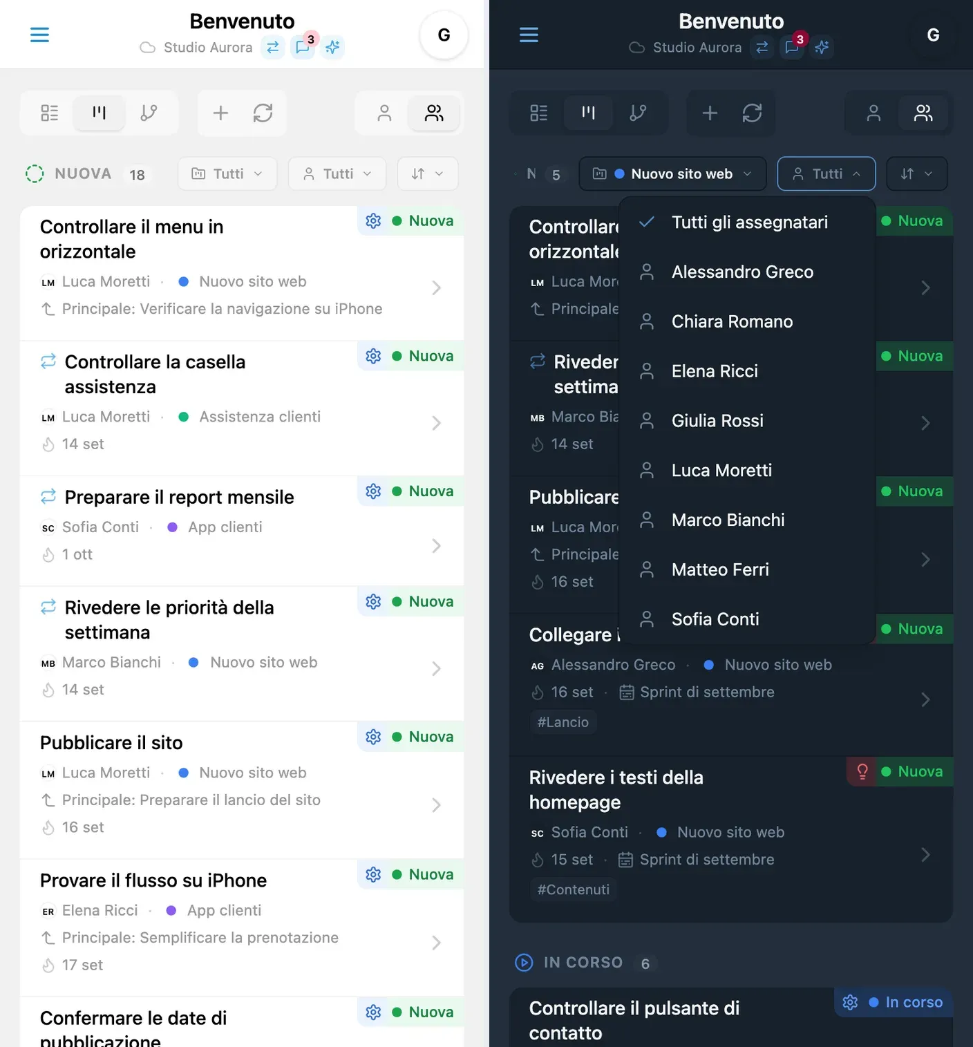 Bacheca Kanban di iTasks con assegnatari e colori dei progetti