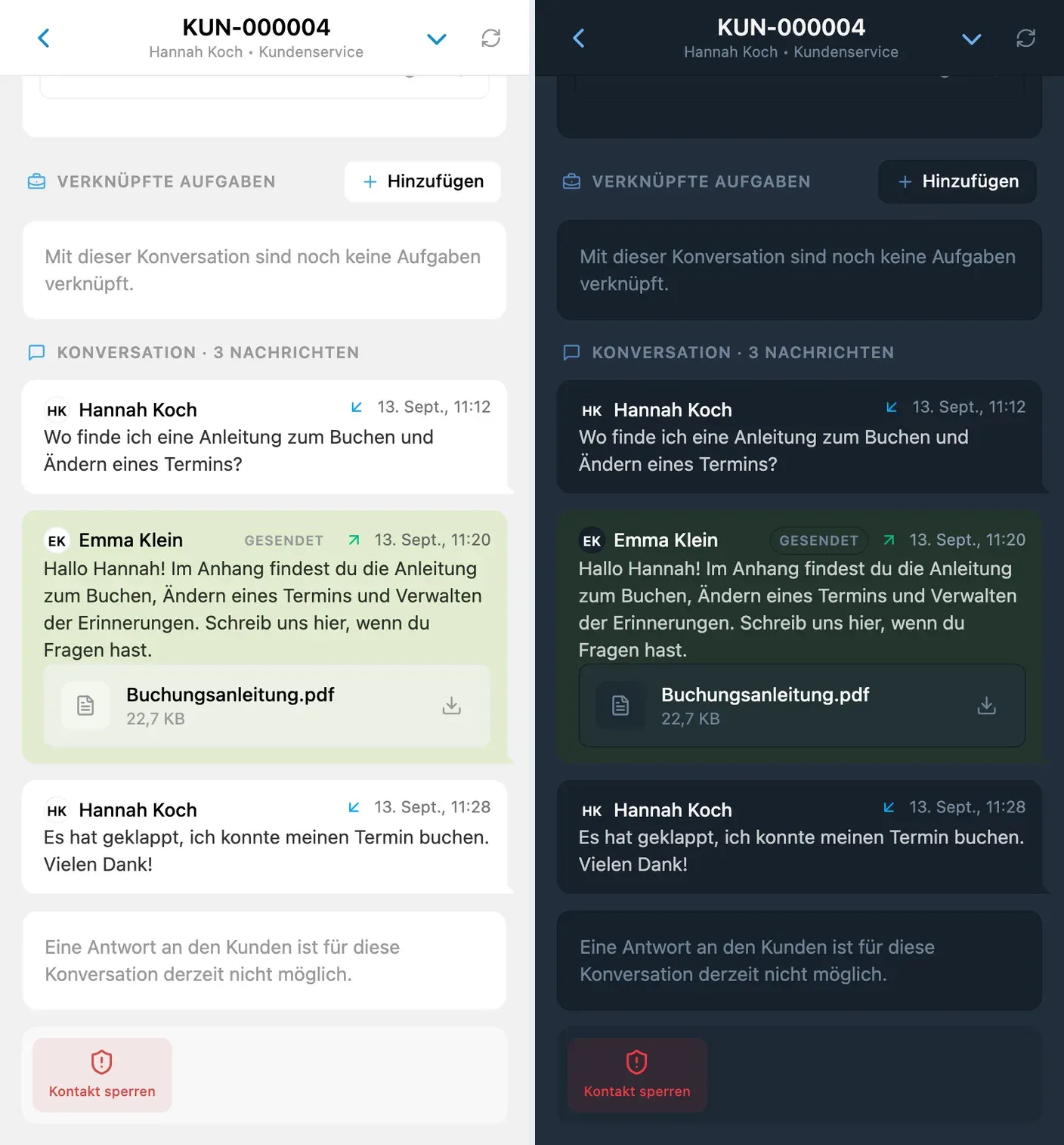 Die PDF-Anleitung bleibt mit der an den Kunden gesendeten Antwort verbunden, im hellen und dunklen Design