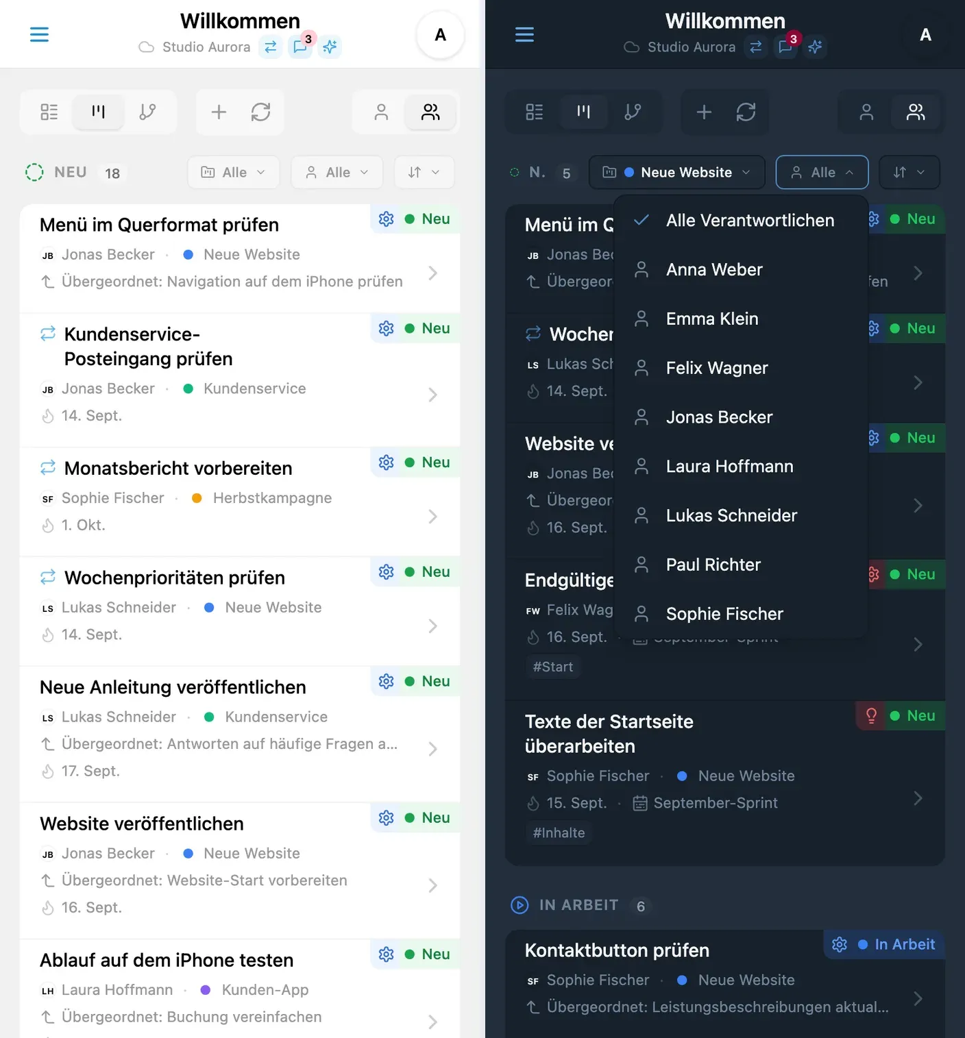 iTasks-Kanban-Board mit zuständigen Teammitgliedern und Projektfarben