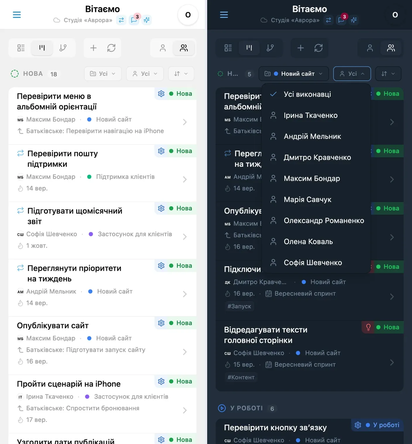 Канбан-дошка iTasks із виконавцями завдань та кольорами проєктів
