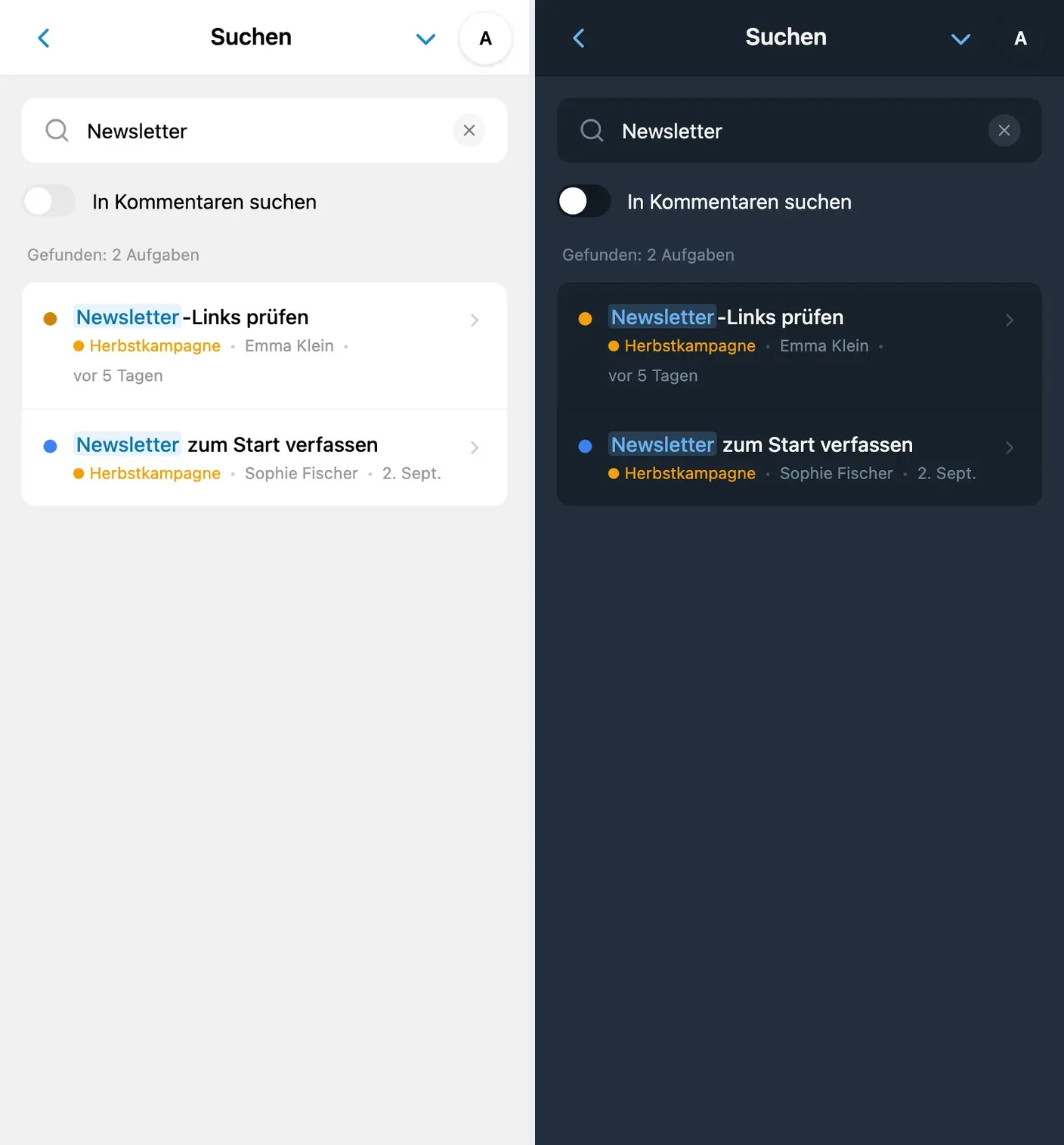 Suchergebnisse in iTasks mit Hervorhebung relevanter Treffer