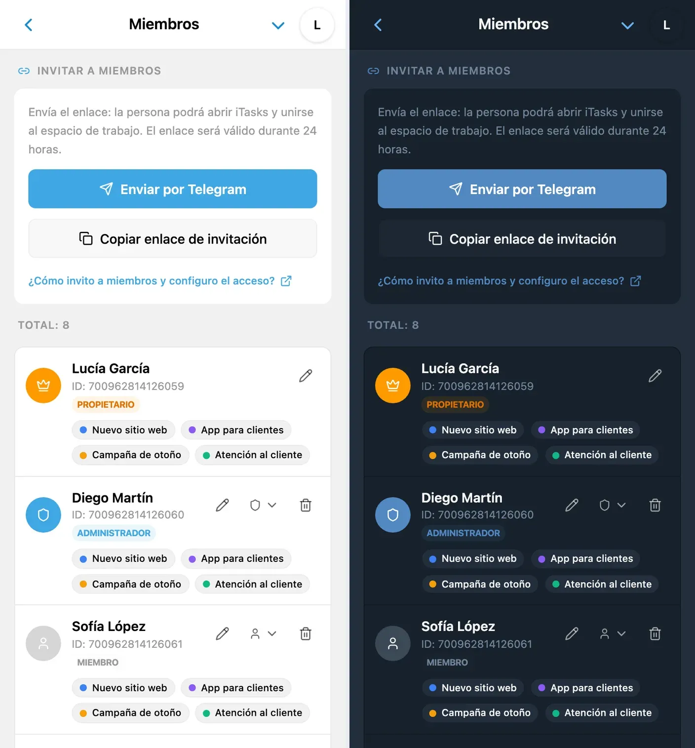 Enlace de invitación a un espacio de iTasks