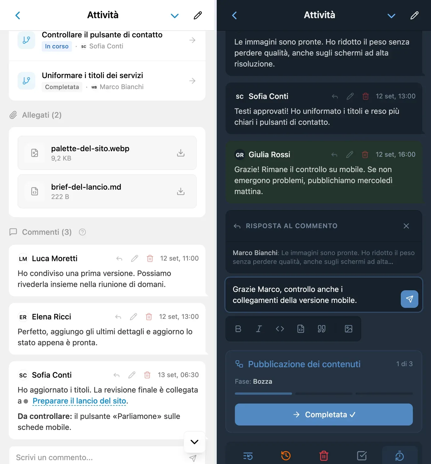 Commenti di un’attività iTasks e composizione di una risposta con citazione