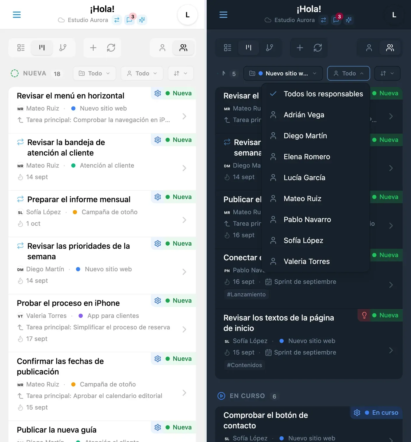 Tablero Kanban de iTasks con responsables y colores de los proyectos