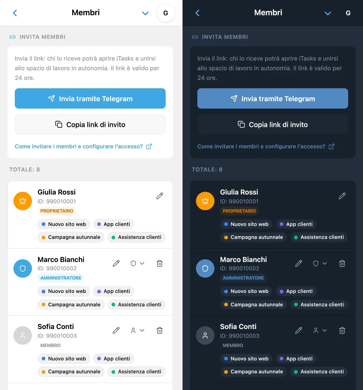 Link di invito di iTasks per aggiungere il team