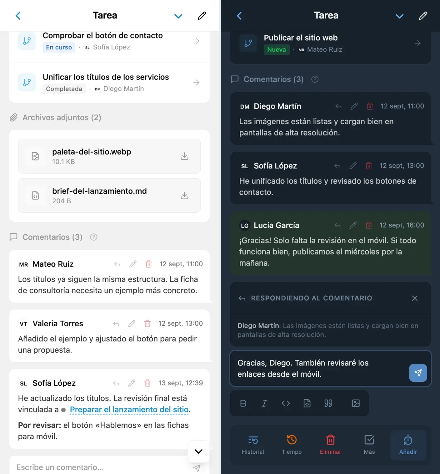 Conversación de una tarea y respuesta con cita en iTasks