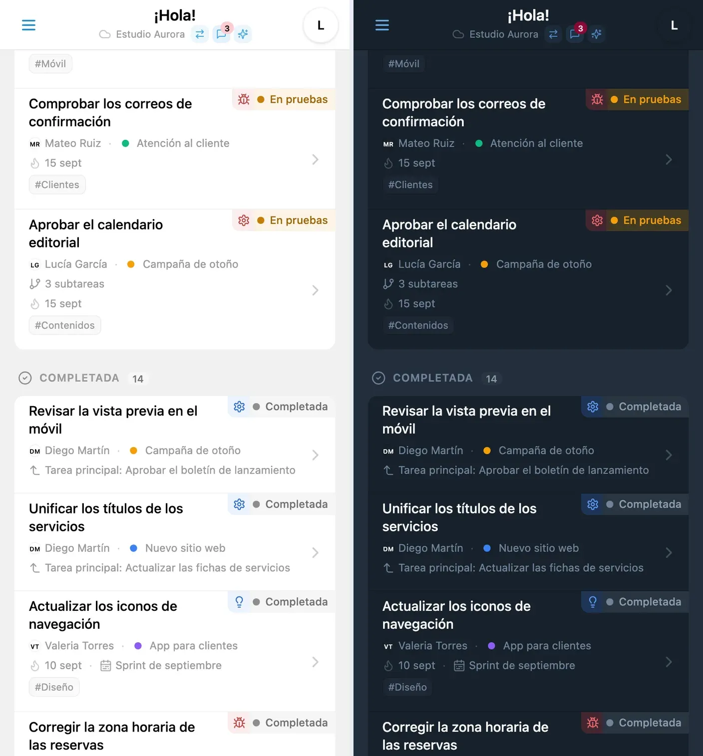 Tablero Kanban de iTasks con filtros: tareas completadas recientes y sin backlog