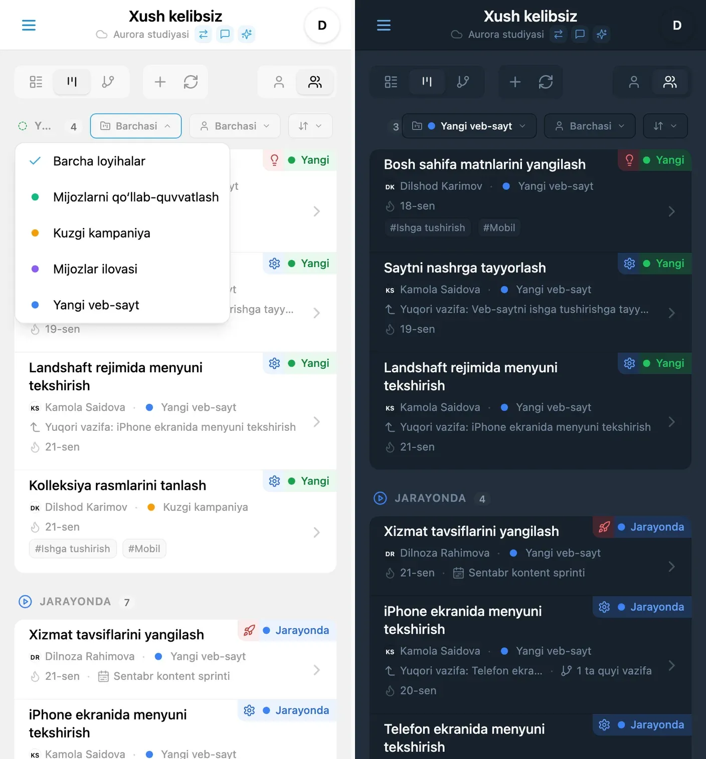 iTasks Kanban taxtasida loyiha tanlovi va filtrlangan vazifalar