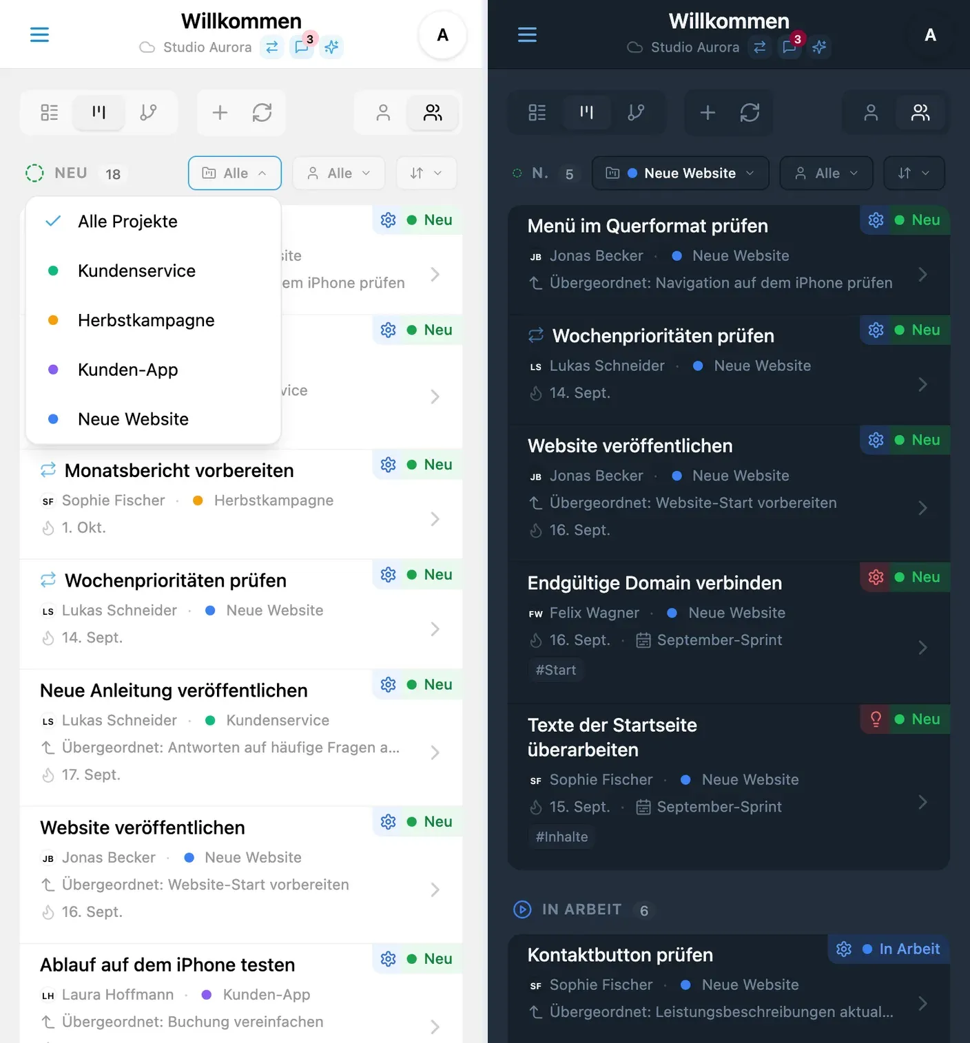 Projektauswahl und gefilterte Aufgaben auf dem Kanban-Board von iTasks
