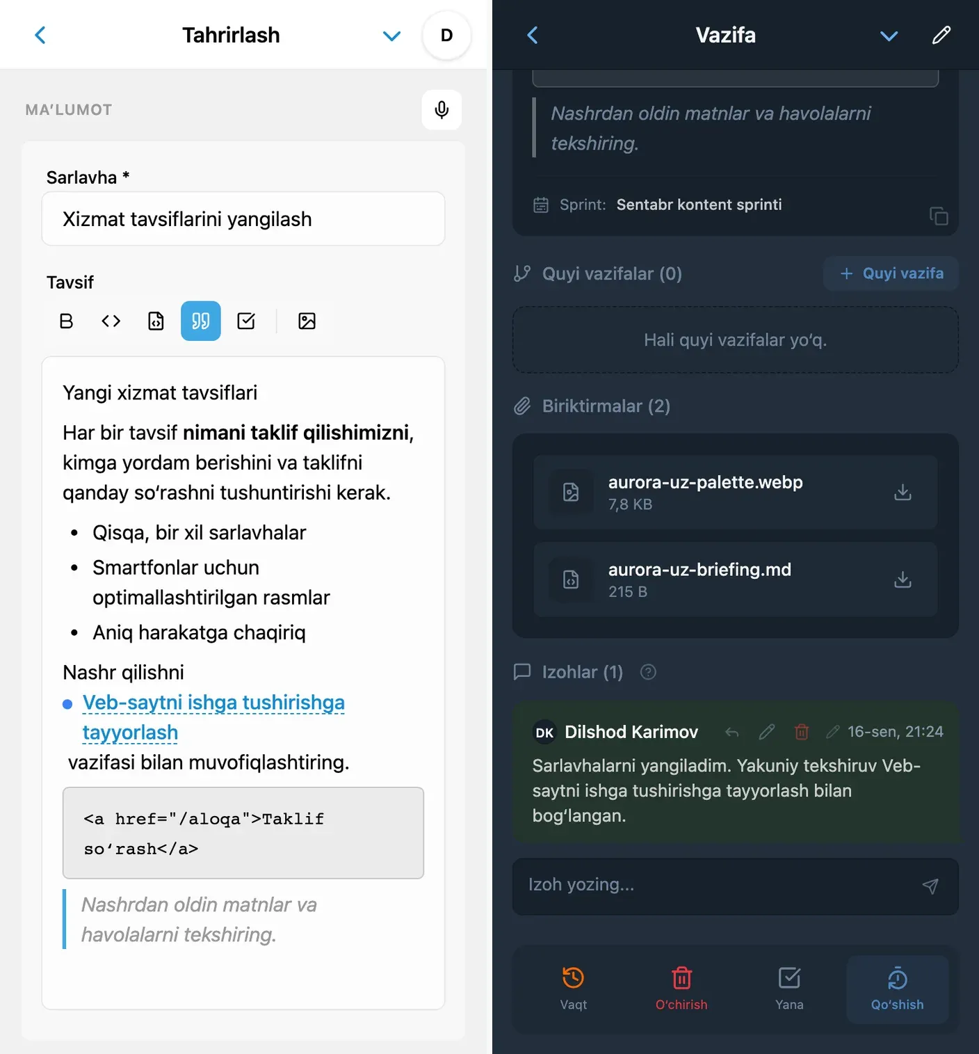 iTasks tavsifi va muhokamasidagi bog‘langan vazifa havolasi
