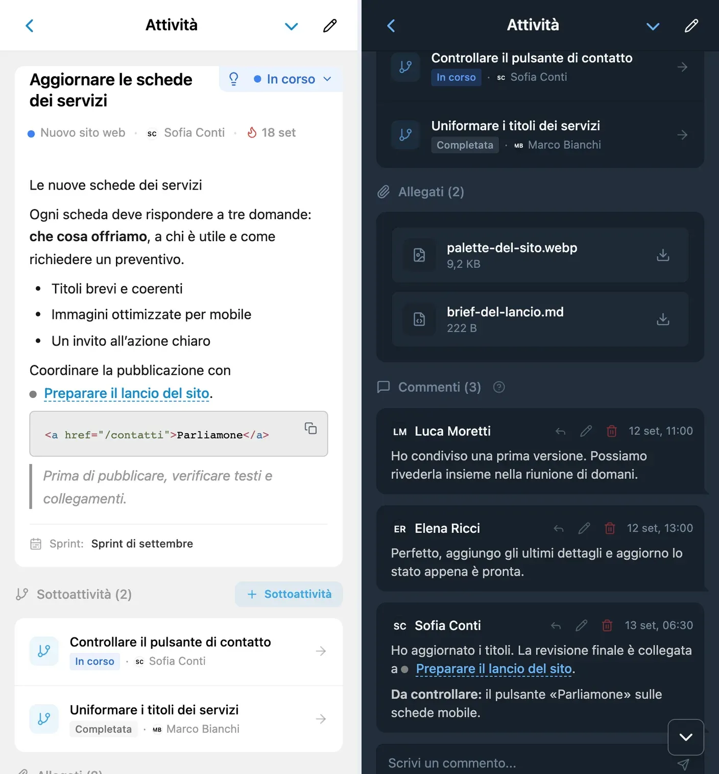 Collegamenti ad altre attività nella descrizione e nei commenti di iTasks