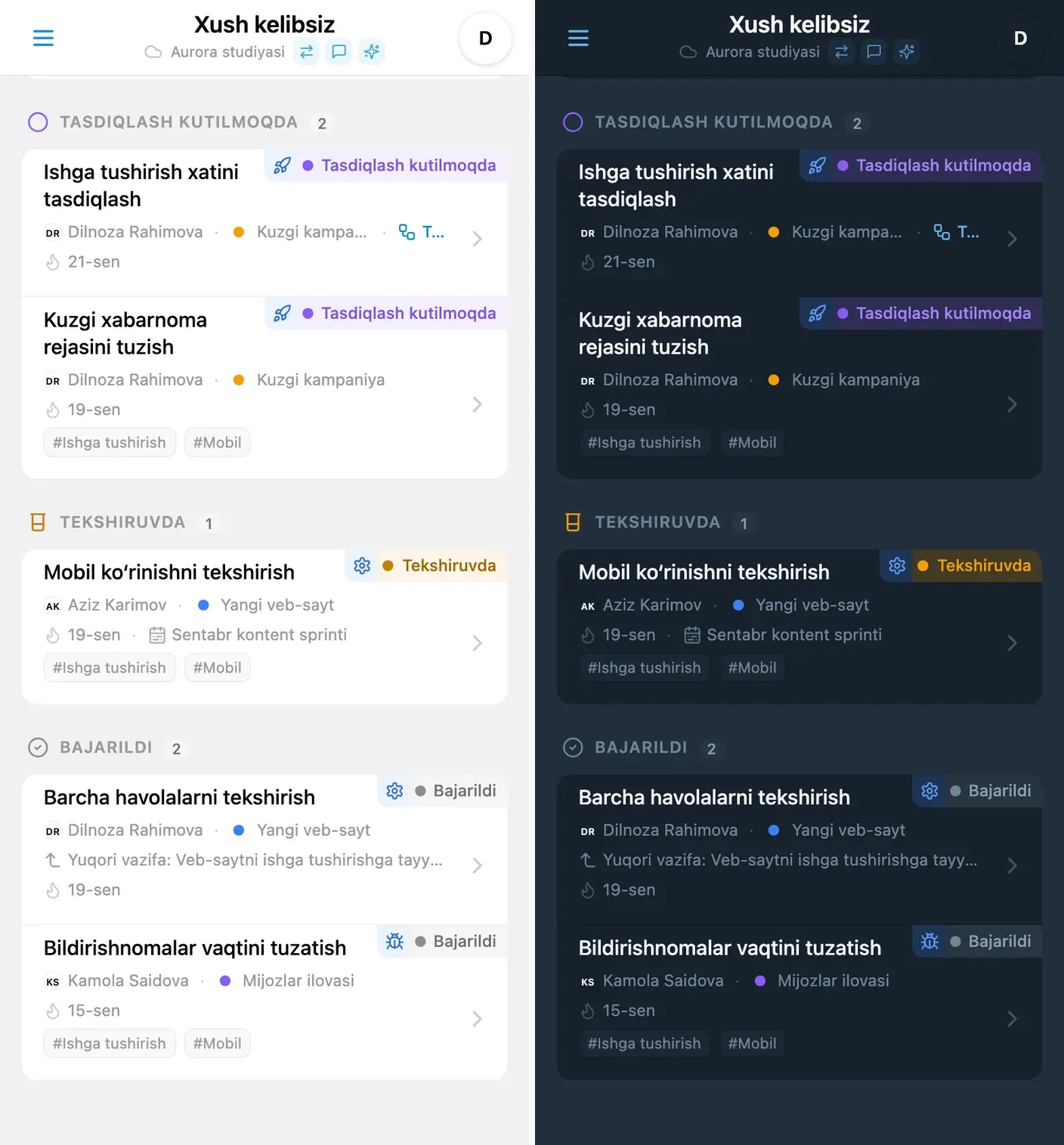 Aqlli filtrlashga ega iTasks Kanban taxtasi — yaqinda bajarilgan vazifalar, rejadagi vazifalarsiz