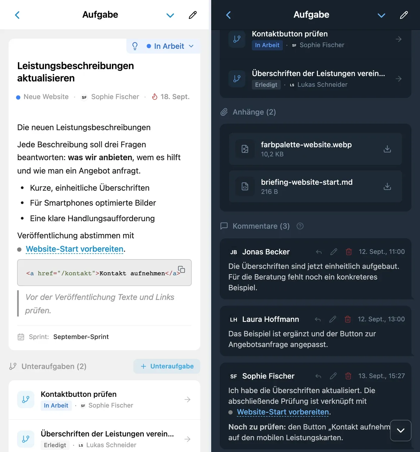 Verknüpfte Aufgabe in einer Beschreibung und Diskussion in iTasks