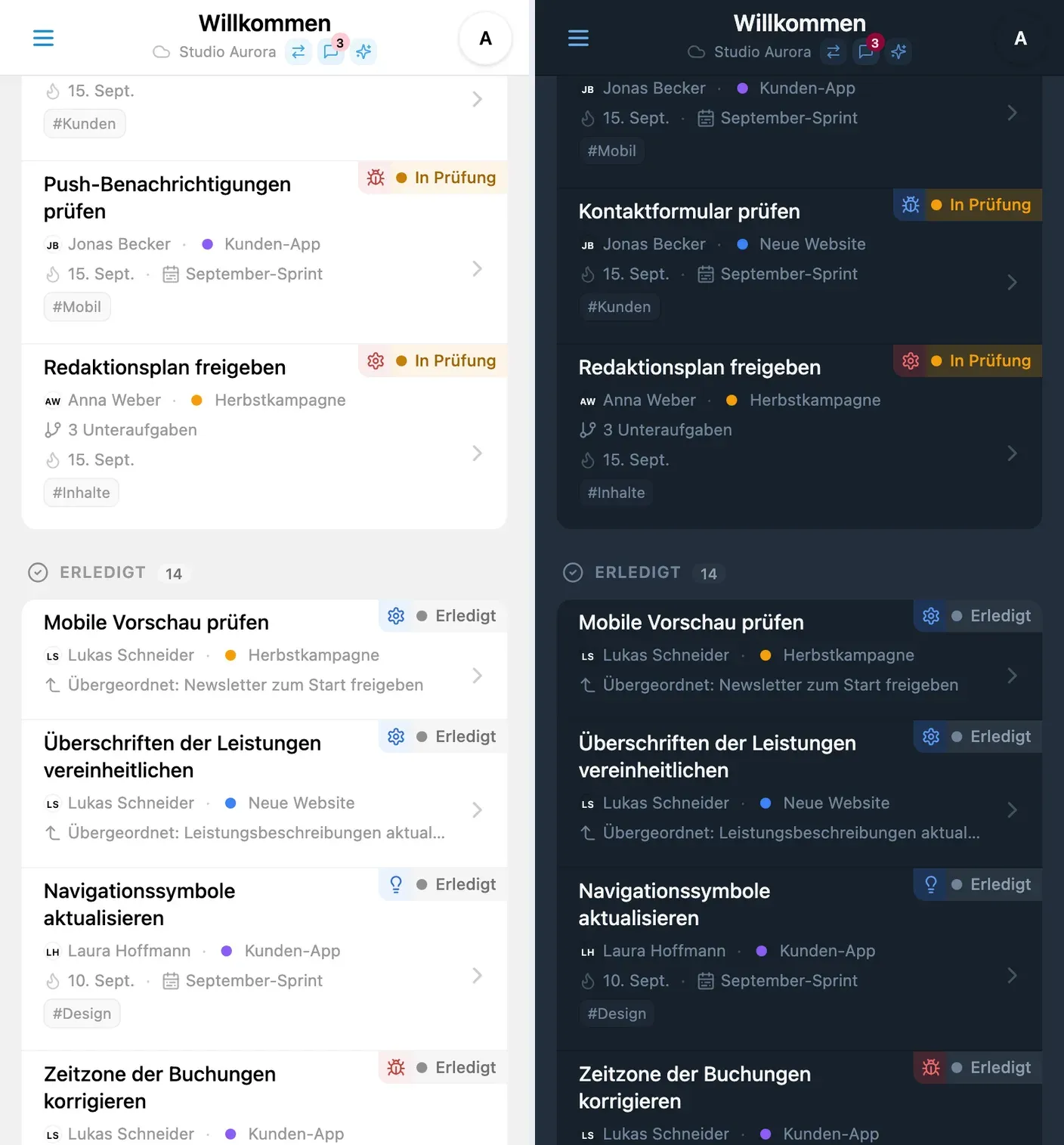iTasks-Kanban-Board mit kürzlich erledigten Aufgaben und ohne Backlog
