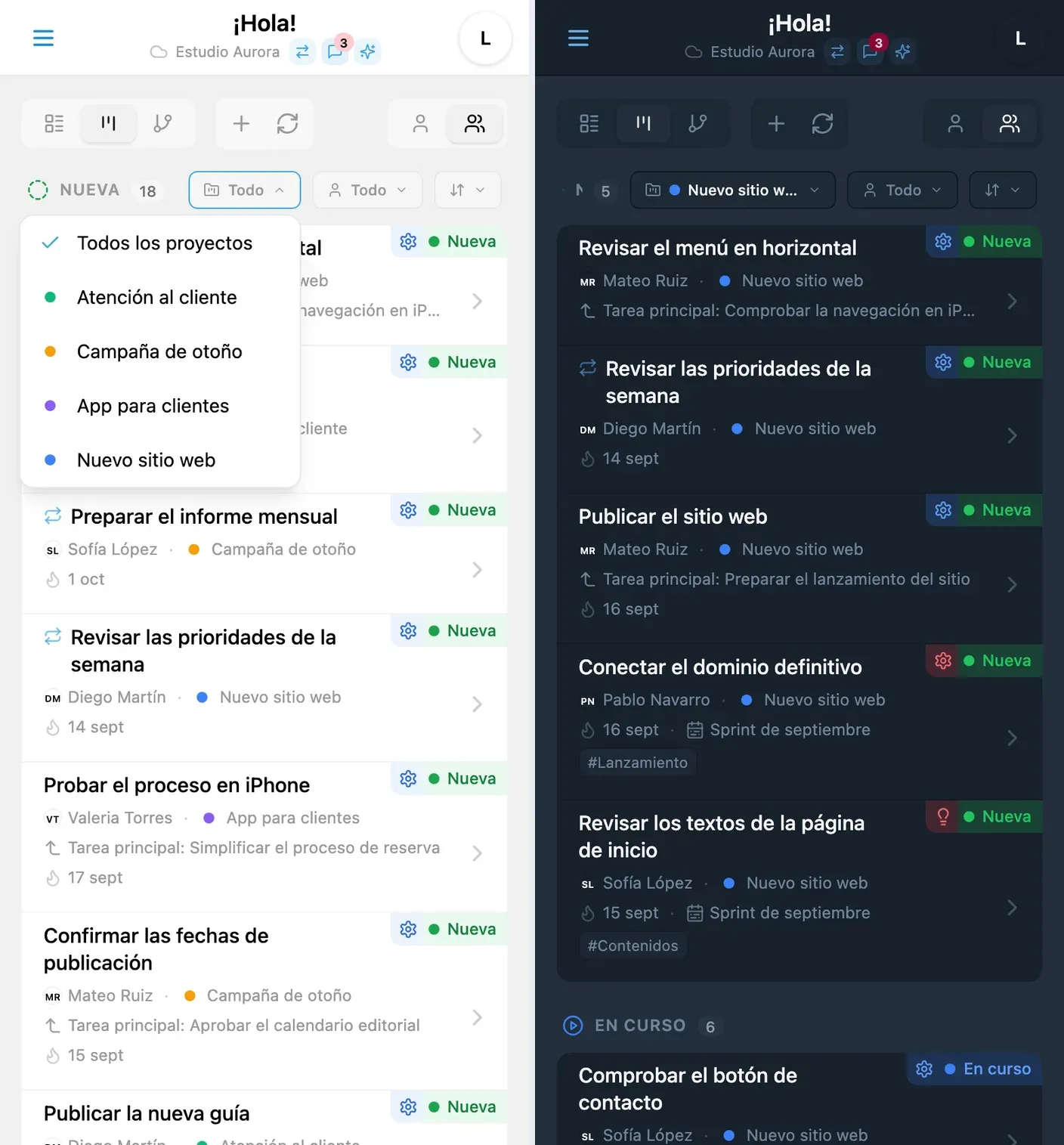 Selección de proyecto y tareas filtradas en el tablero Kanban de iTasks