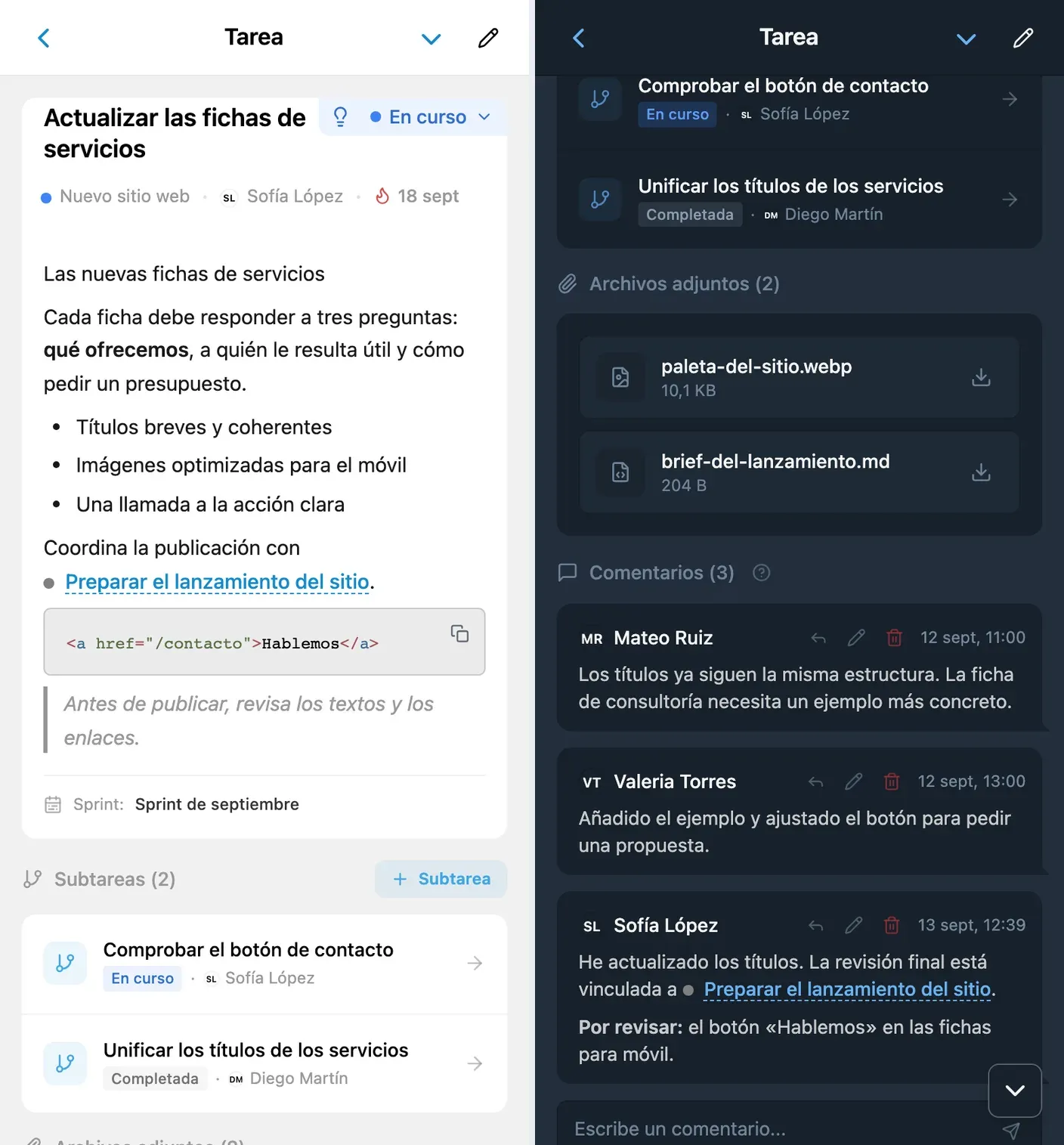 Enlace a una tarea relacionada en una descripción y una conversación de iTasks