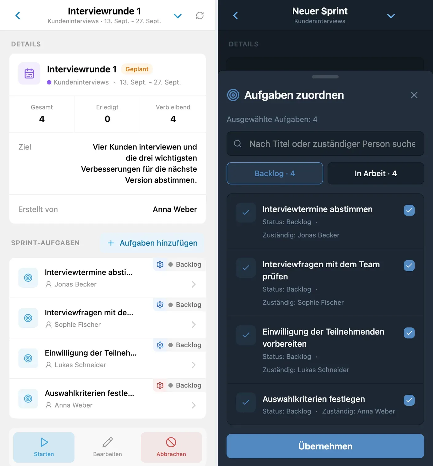 Sprint-Planung und Projekt-Backlog in iTasks