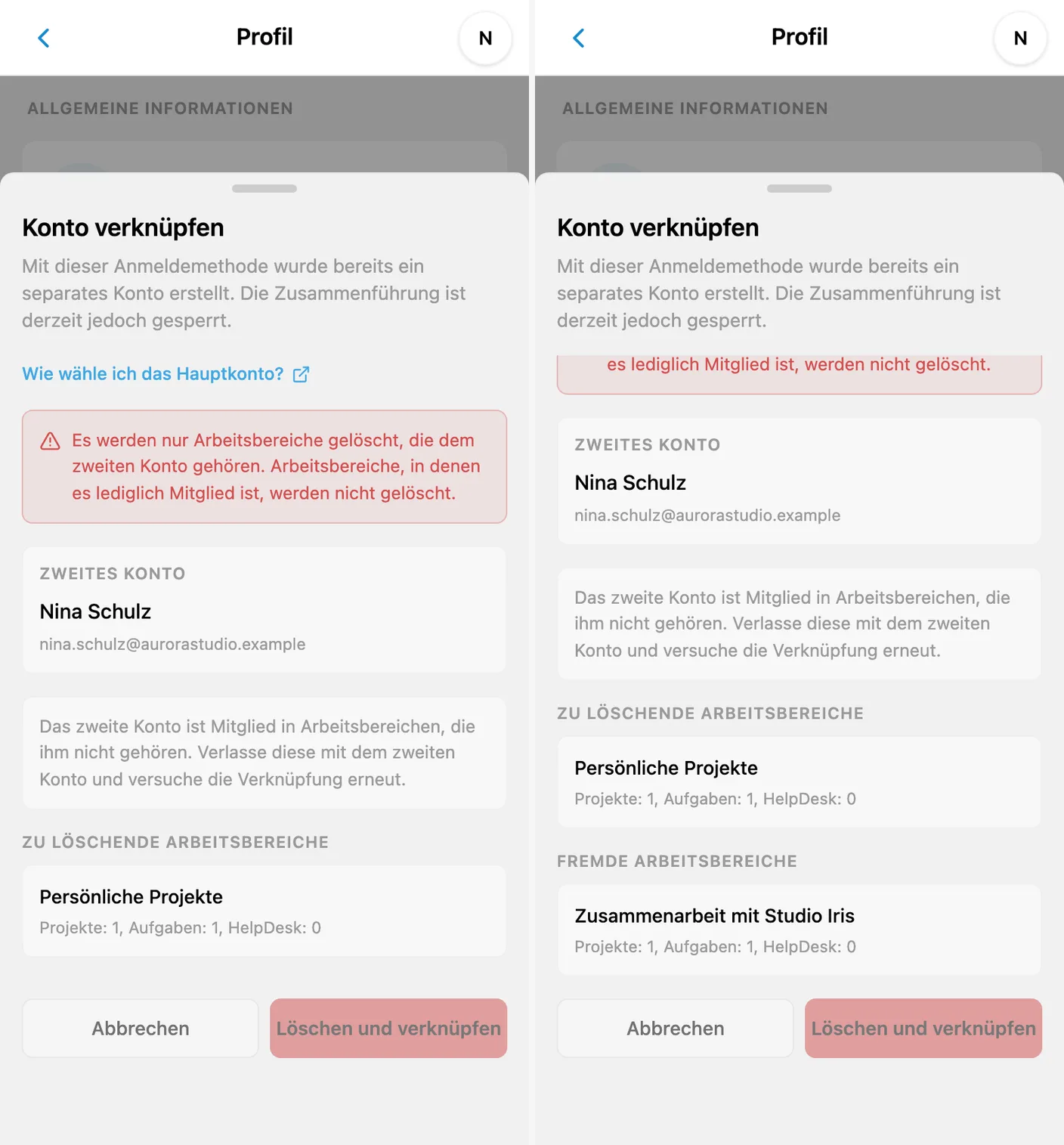 Blockierte Kontoverknüpfung, weil das zweite Konto Mitglied in einem fremden Arbeitsbereich ist