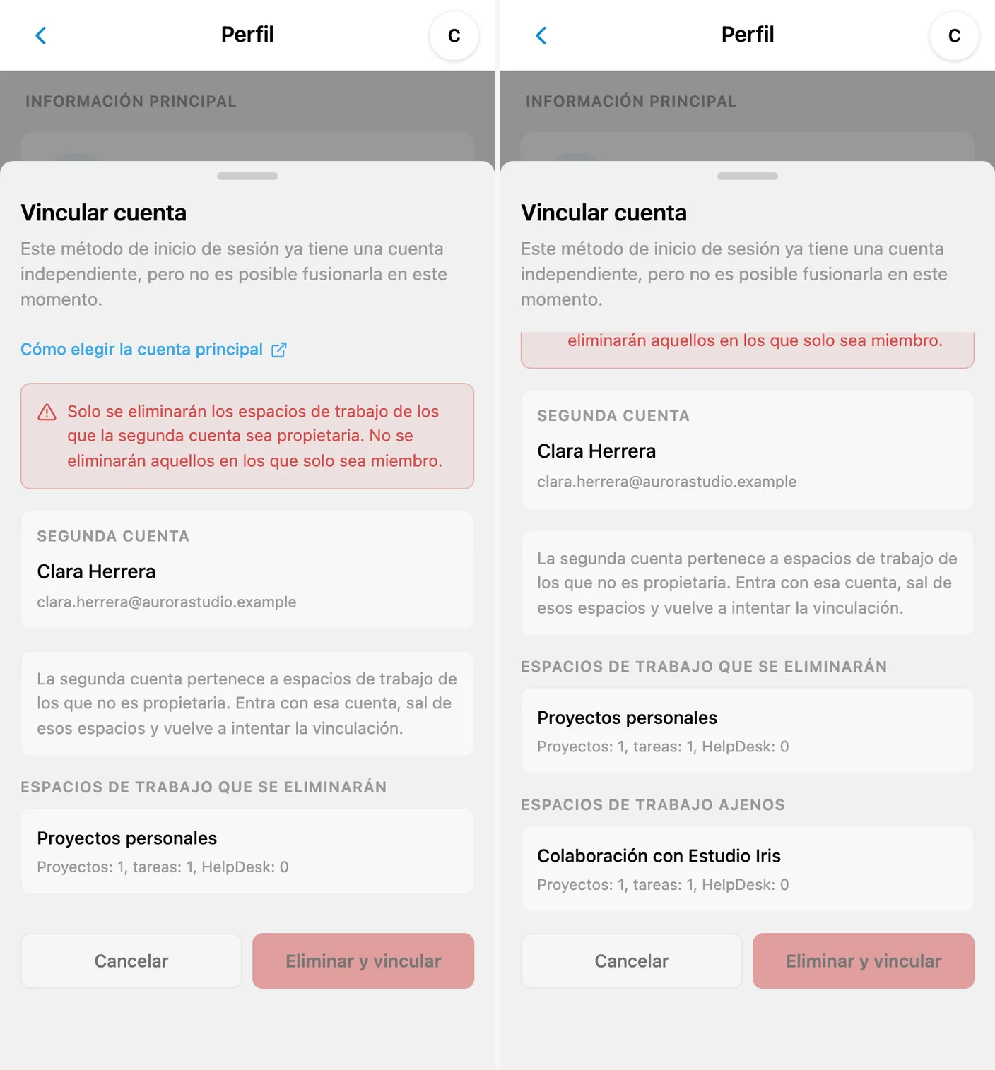 Vinculación bloqueada porque la segunda cuenta pertenece al espacio de otro propietario