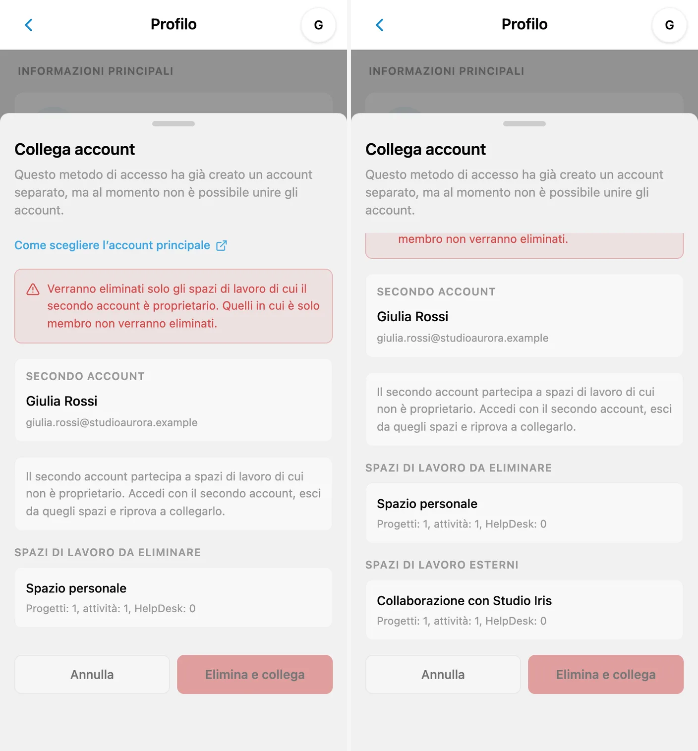 Collegamento degli account iTasks bloccato: motivo del blocco e spazio esterno a cui partecipa il secondo account