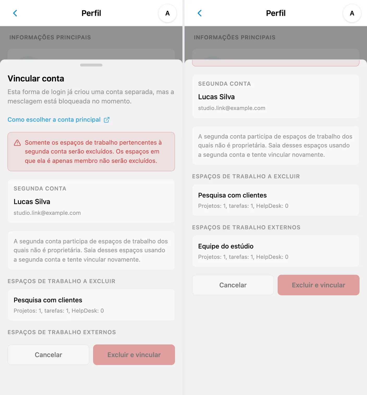 Vinculação bloqueada porque a segunda conta participa de um espaço de trabalho de outra pessoa