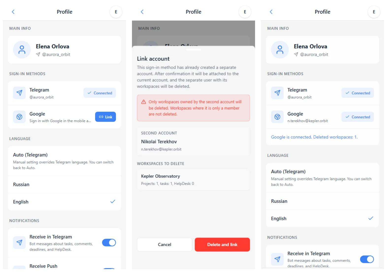 iTasks profile with Telegram and Google, account-linking warning, and Google connected result