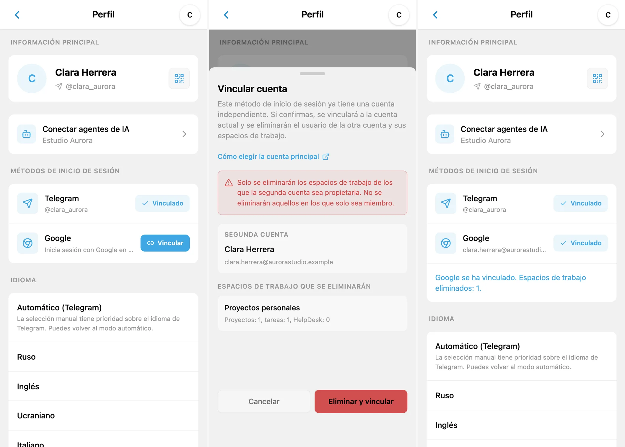 Vinculación de cuentas de iTasks: perfil, conflicto con una segunda cuenta y ambos métodos conectados