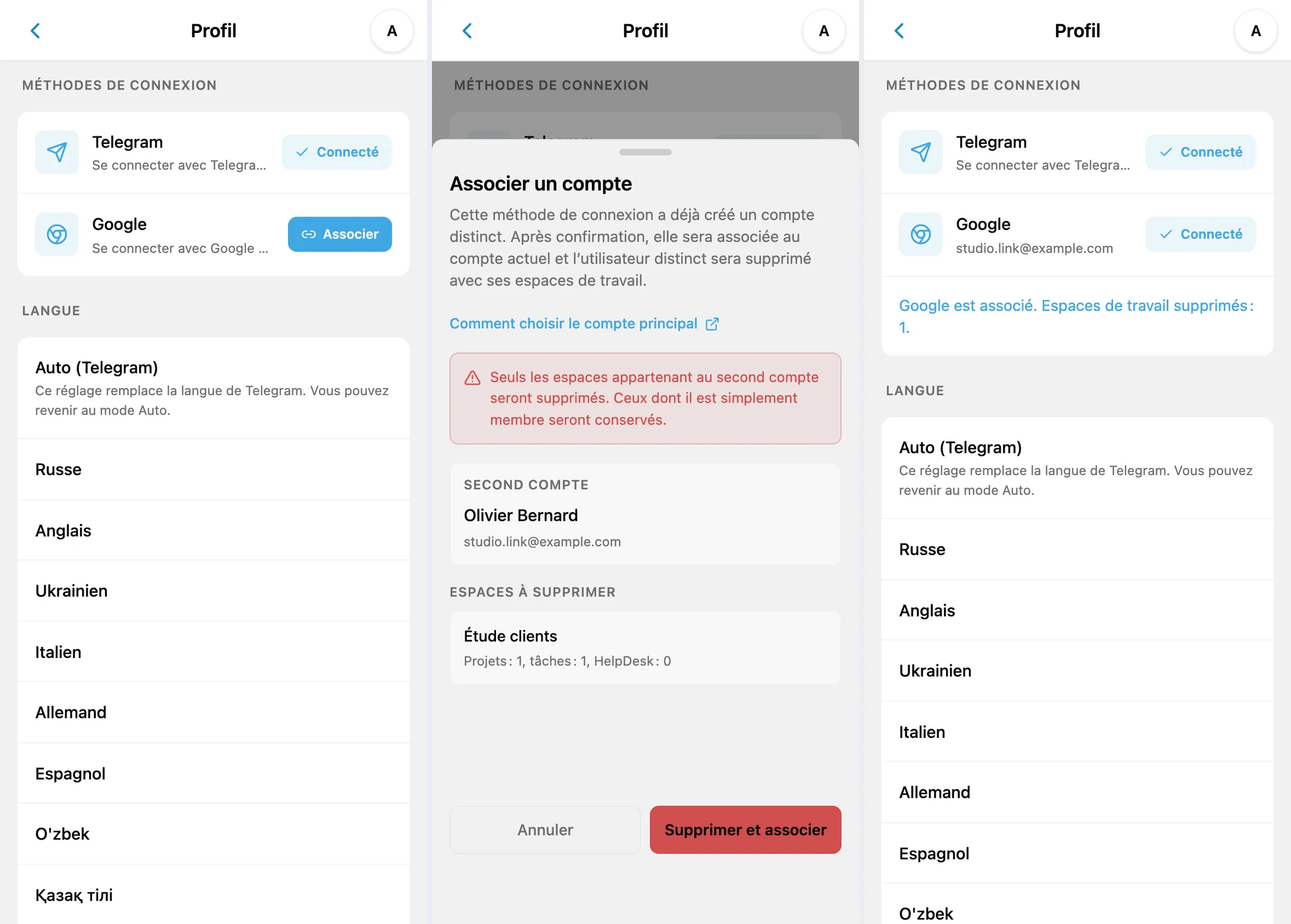 Profil, conflit avec un second compte et deux méthodes de connexion associées