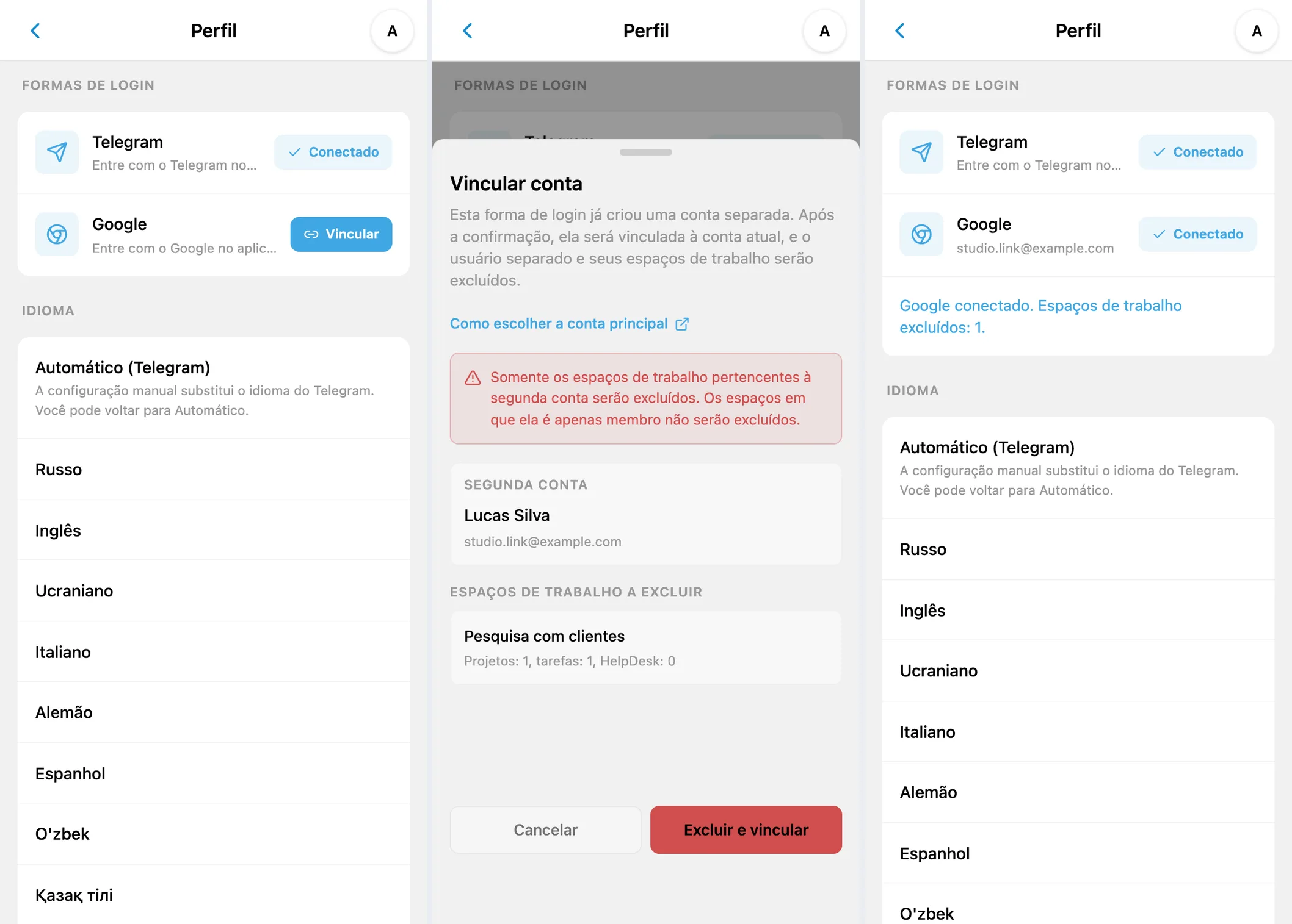 Vinculação de contas no iTasks: perfil, conflito com a segunda conta e os dois métodos conectados