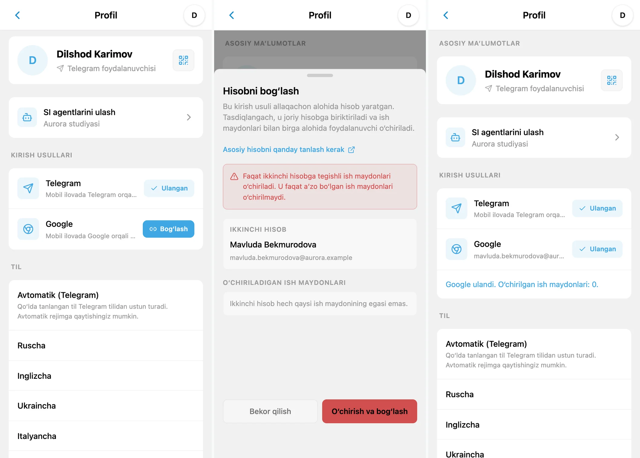 iTasks hisoblarini bog‘lash: profil, ikkinchi hisob to‘qnashuvi va ulangan kirish usullari