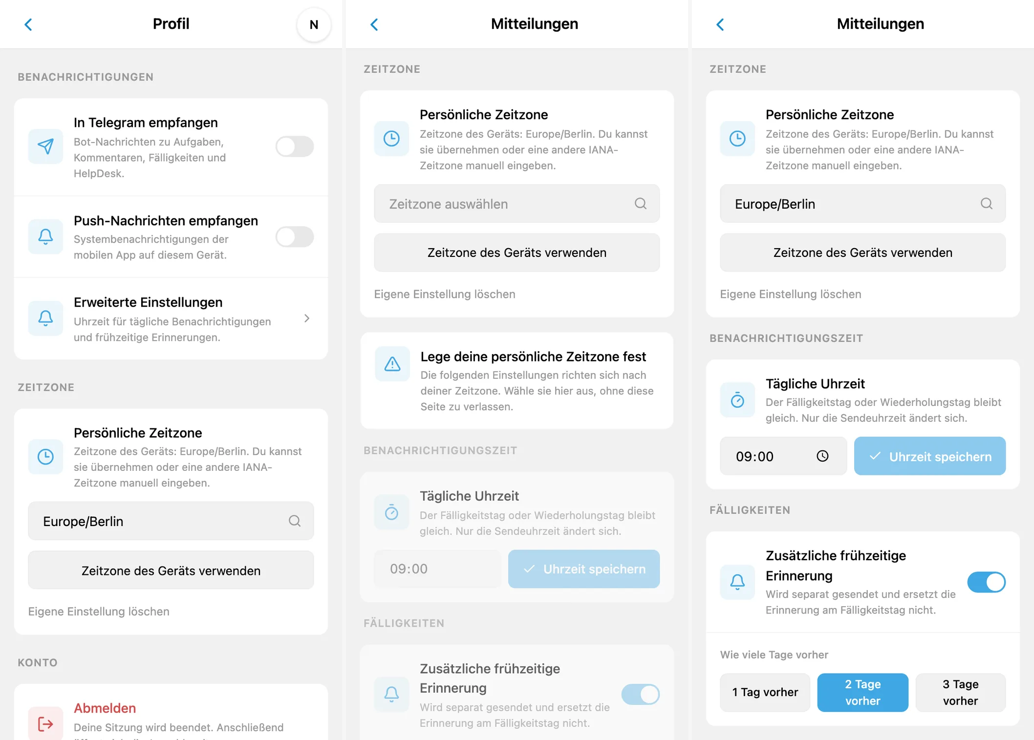 Benachrichtigungseinstellungen in iTasks: Telegram und Push, fehlende Zeitzone und Erinnerungszeitplan