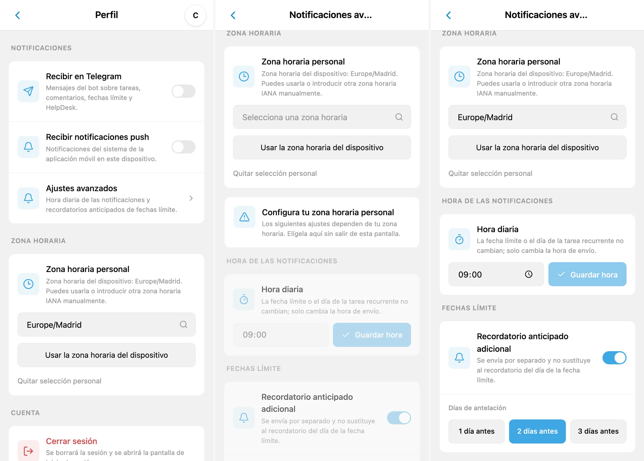 Ajustes de notificaciones de iTasks: Telegram y push, zona horaria pendiente y horario de recordatorios