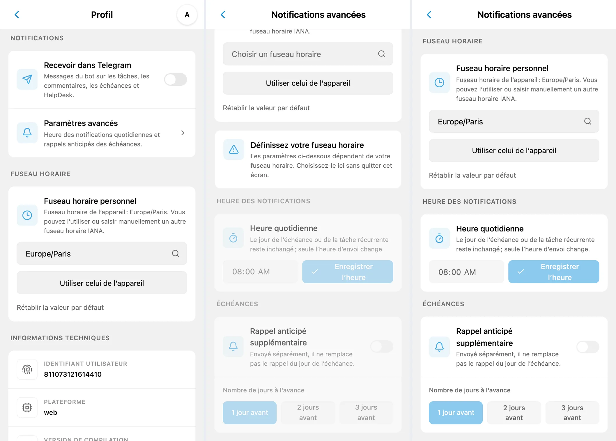 Notifications iTasks : messages Telegram, fuseau horaire et calendrier des rappels