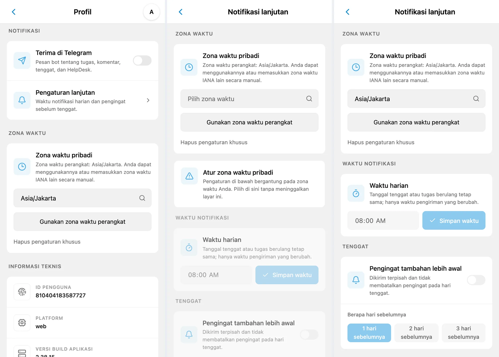 Notifikasi iTasks: pesan Telegram, zona waktu, dan jadwal pengingat