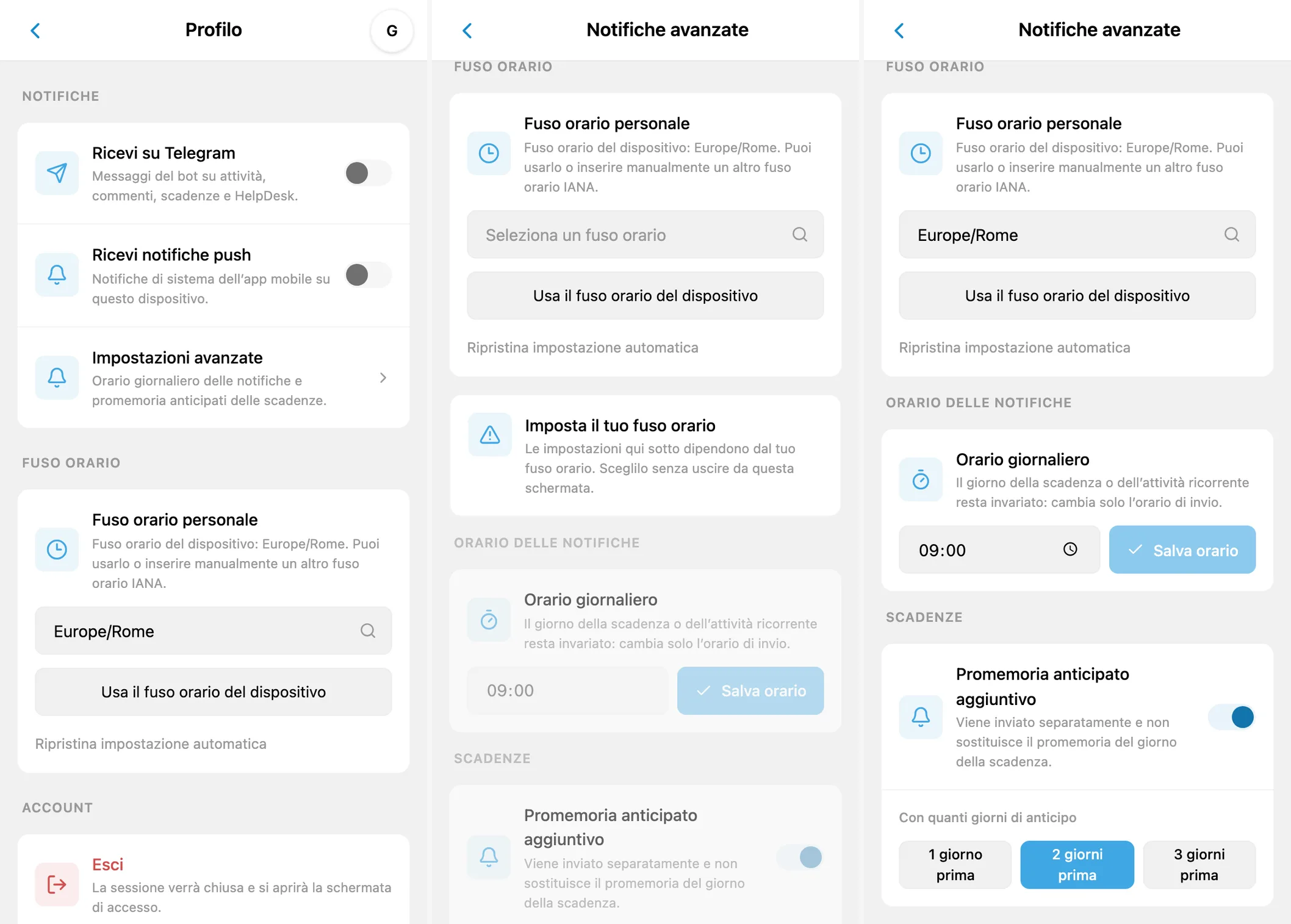 Profilo iTasks con interruttori delle notifiche, impostazioni avanzate senza fuso orario e orario di invio configurato con promemoria anticipato