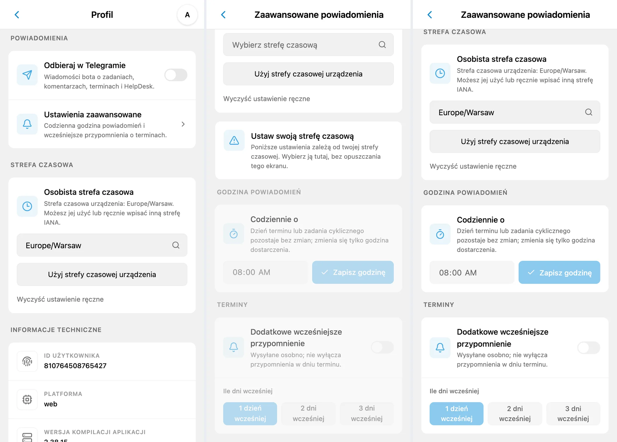 Powiadomienia iTasks: wiadomości Telegram, strefa czasowa i harmonogram przypomnień