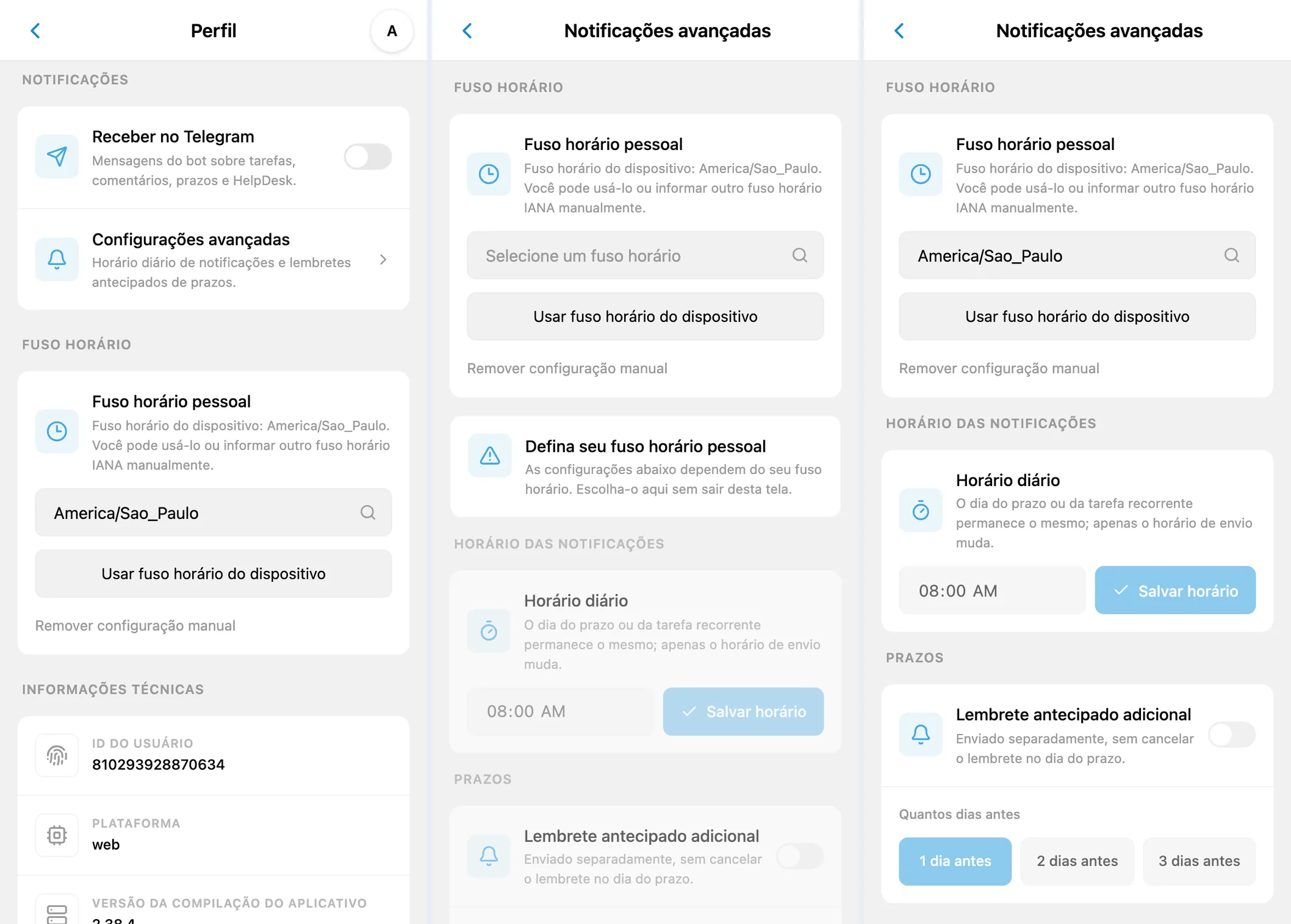 Notificações do iTasks: mensagens no Telegram, seleção de fuso horário e programação de lembretes