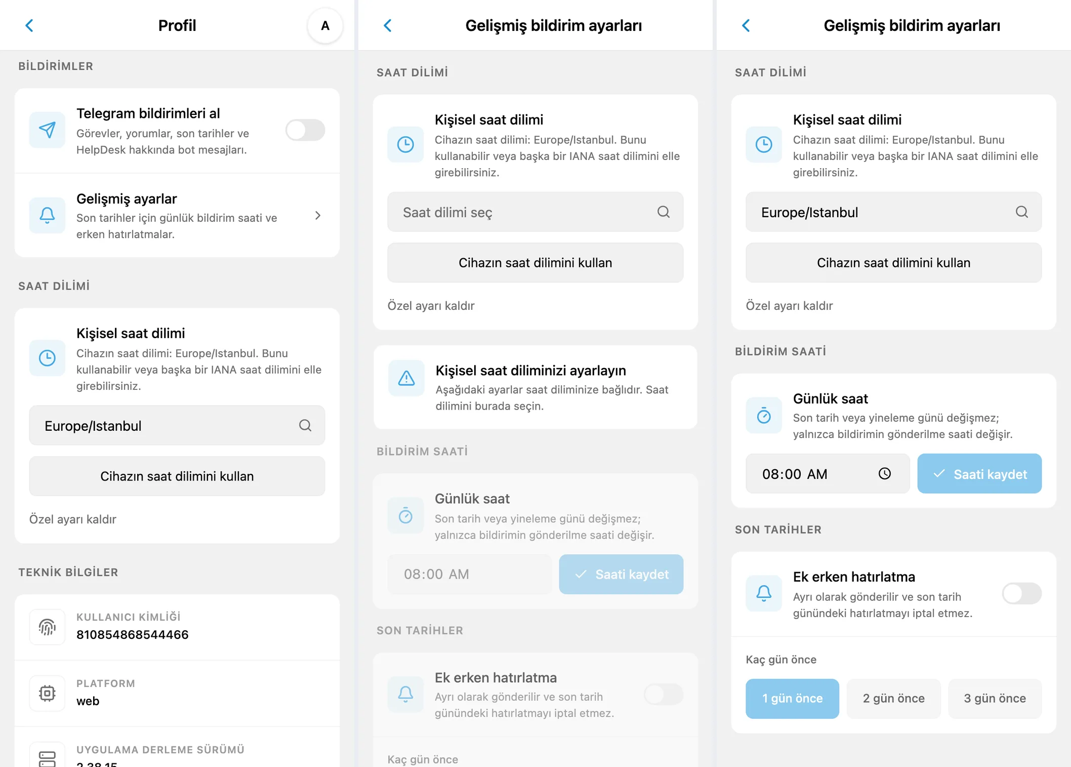 iTasks bildirim ayarları: Telegram mesajları, saat dilimi seçimi ve hatırlatma zamanlaması
