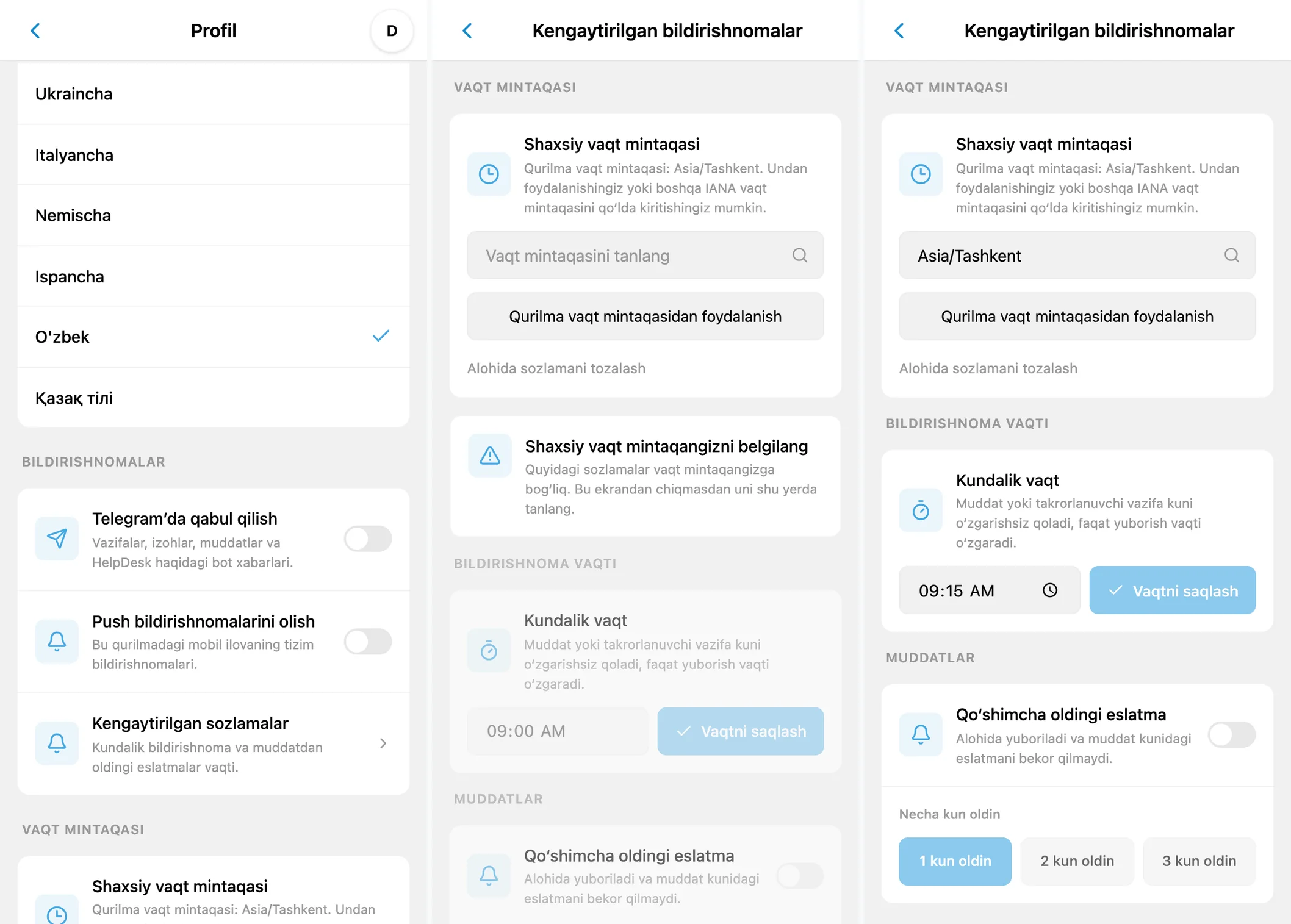iTasks bildirishnoma sozlamalari: Telegram va Push, vaqt mintaqasi va eslatma jadvali